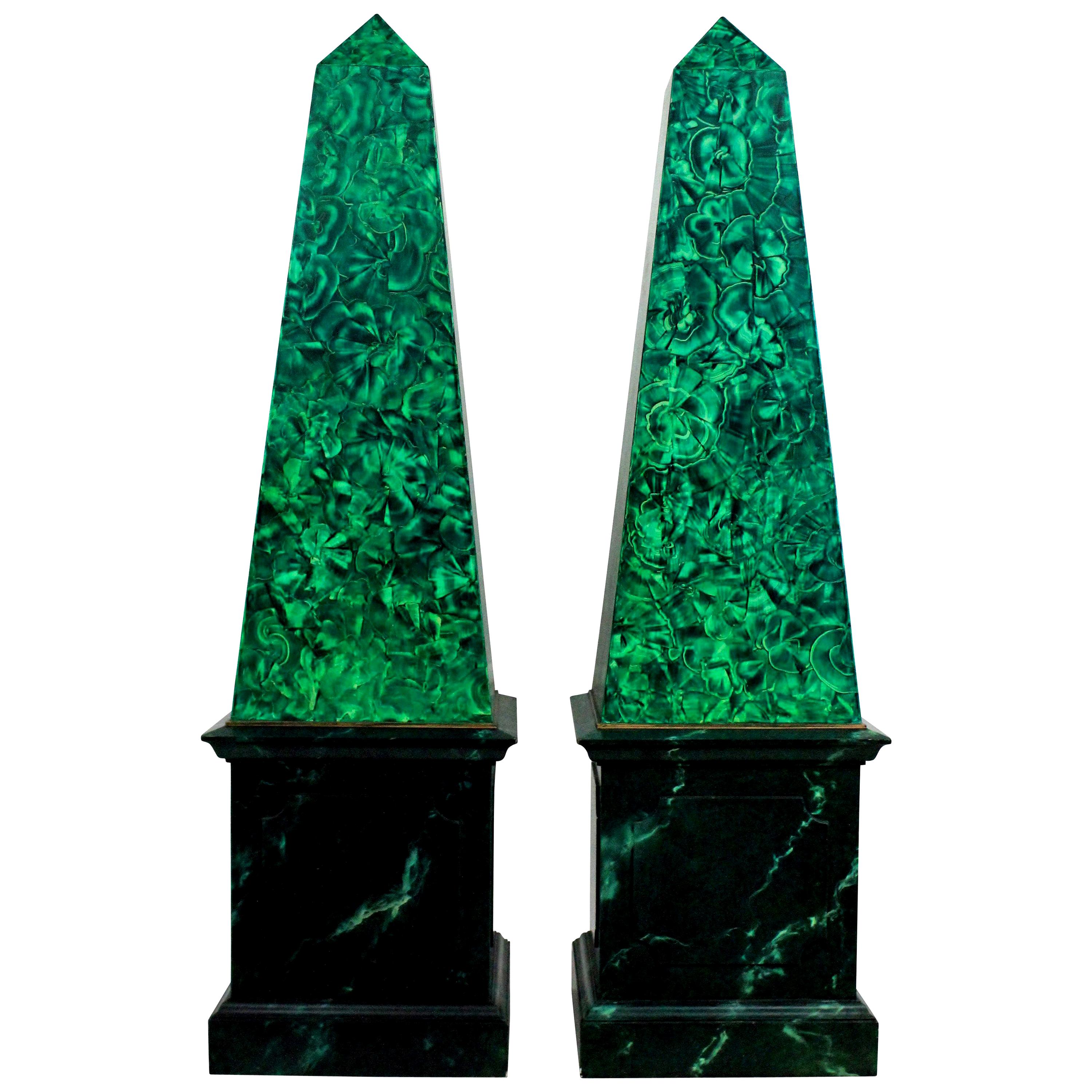 Pair of Large Faux Malachite Obelisks