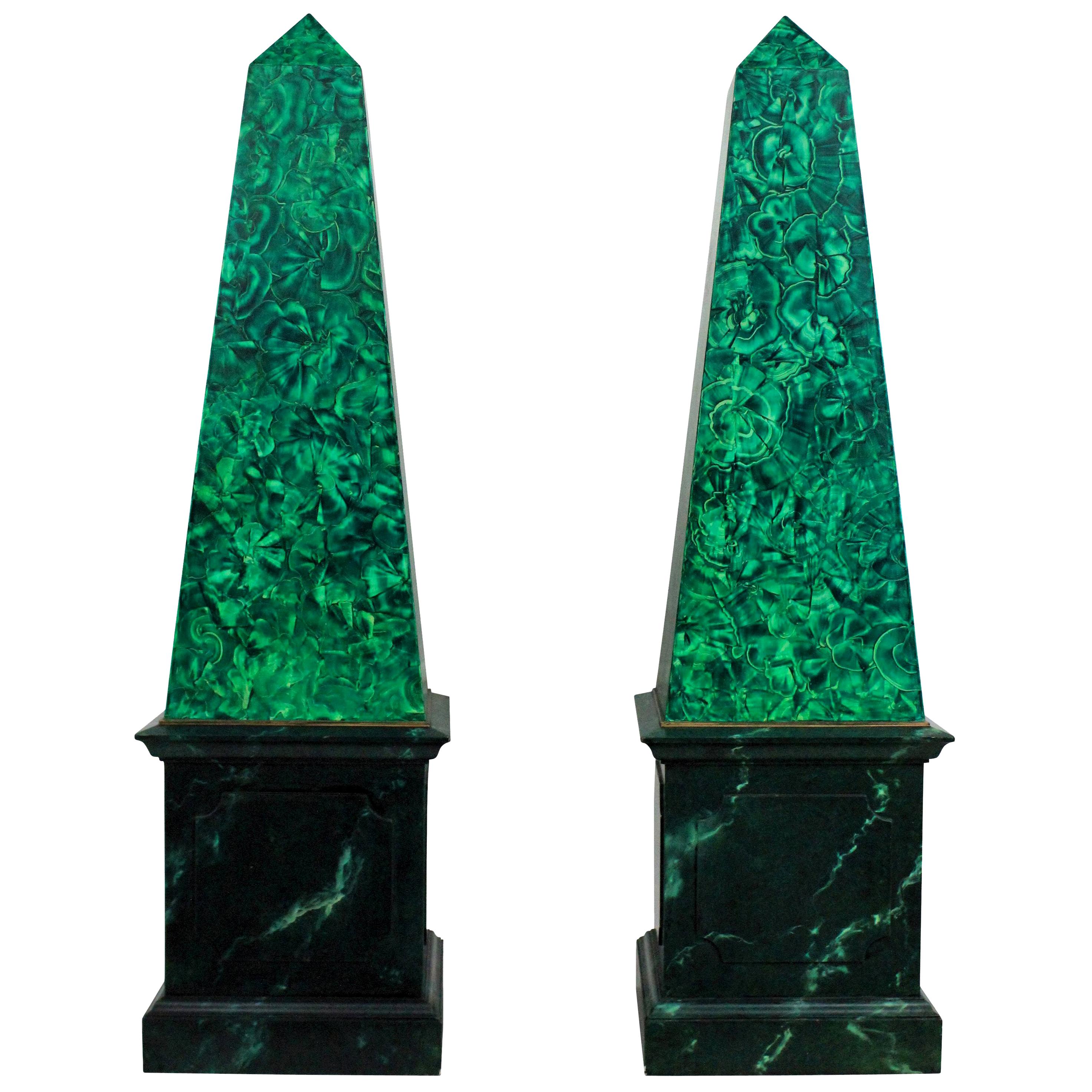 Pair of Large Faux Malachite Obelisks