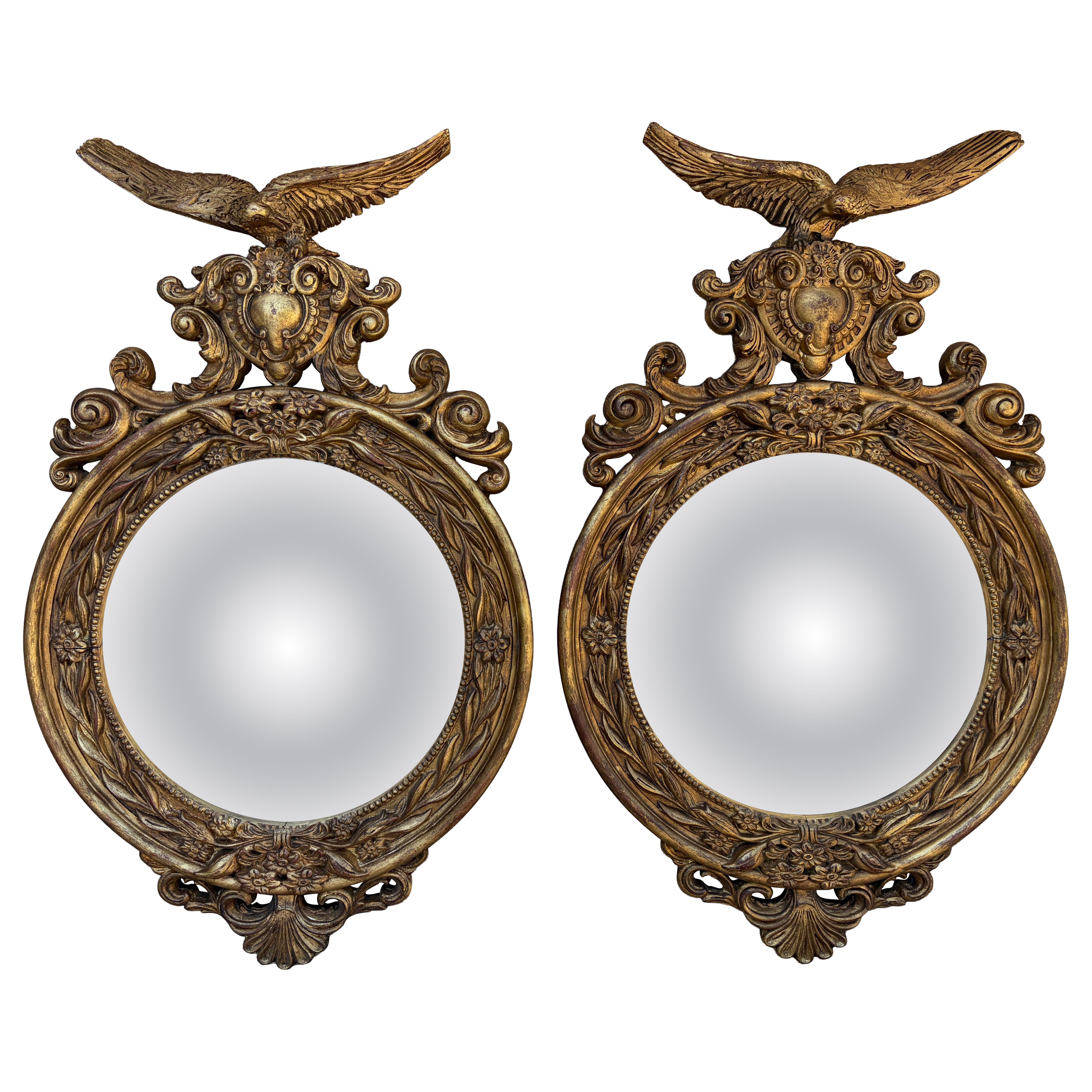 Pair of Large Federal Giltwood Eagle Convex Mirrors, 20th Century For Sale