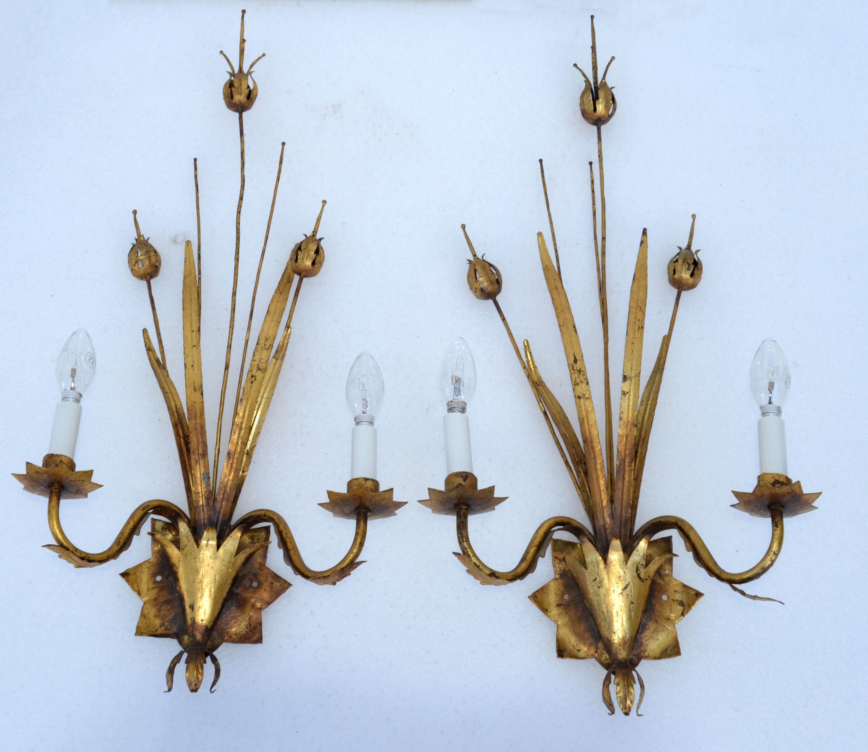 Spanish Pair of Large Ferrocolor Sconces Wheat Wall Lights Mid-Century Modern Spain 1960 For Sale