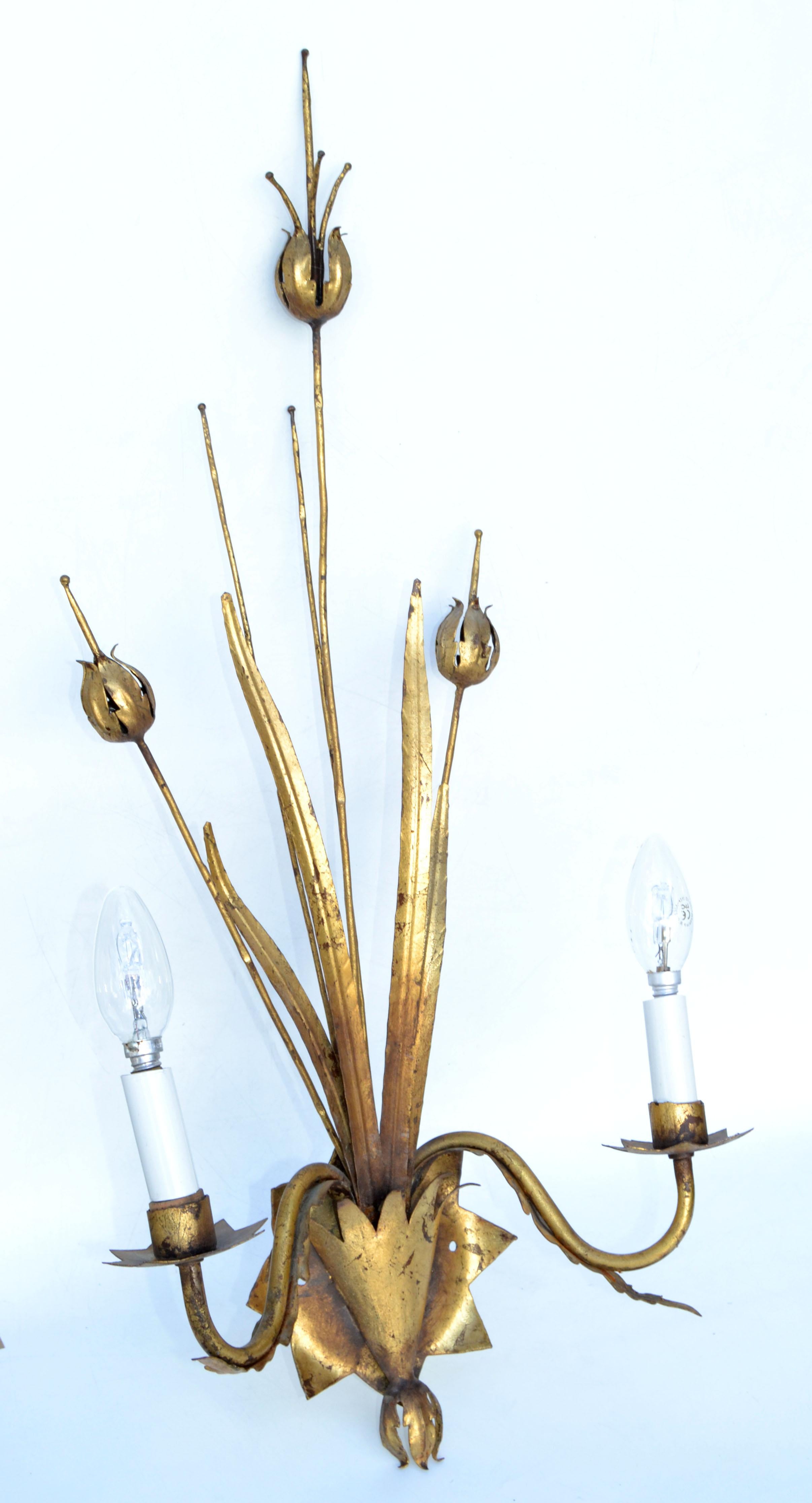 Gilt Pair of Large Ferrocolor Sconces Wheat Wall Lights Mid-Century Modern Spain 1960 For Sale
