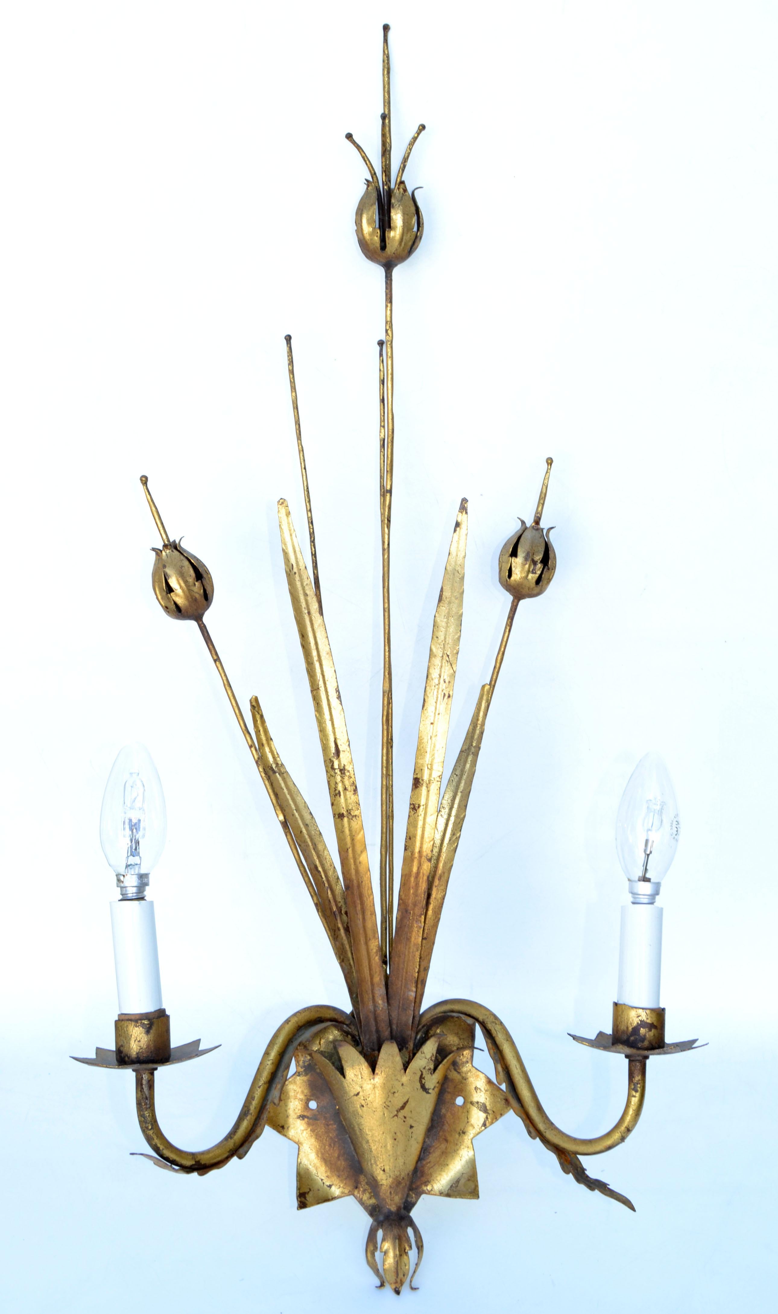 Pair of Large Ferrocolor Sconces Wheat Wall Lights Mid-Century Modern Spain 1960 In Good Condition For Sale In Miami, FL