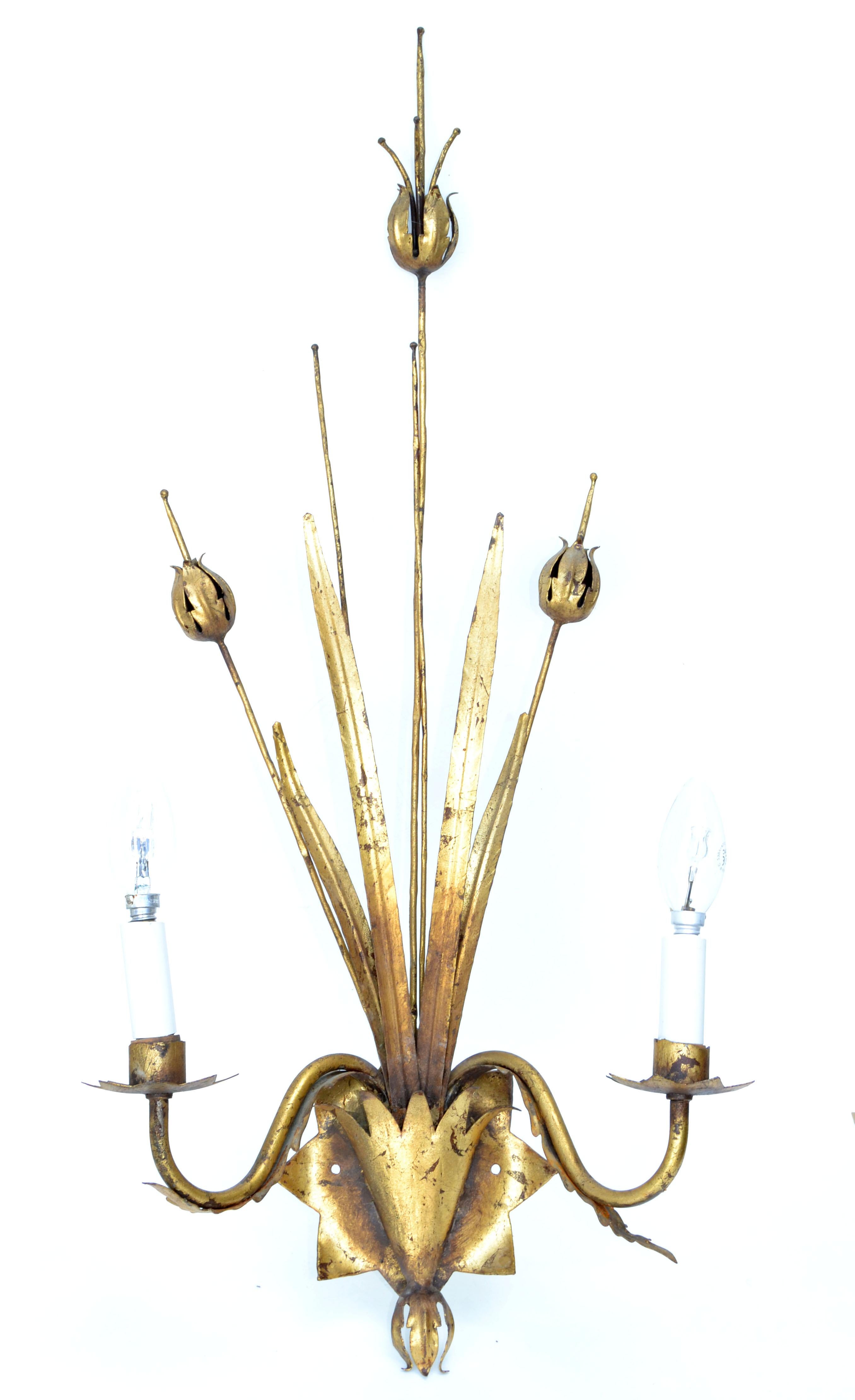 Mid-20th Century Pair of Large Ferrocolor Sconces Wheat Wall Lights Mid-Century Modern Spain 1960 For Sale