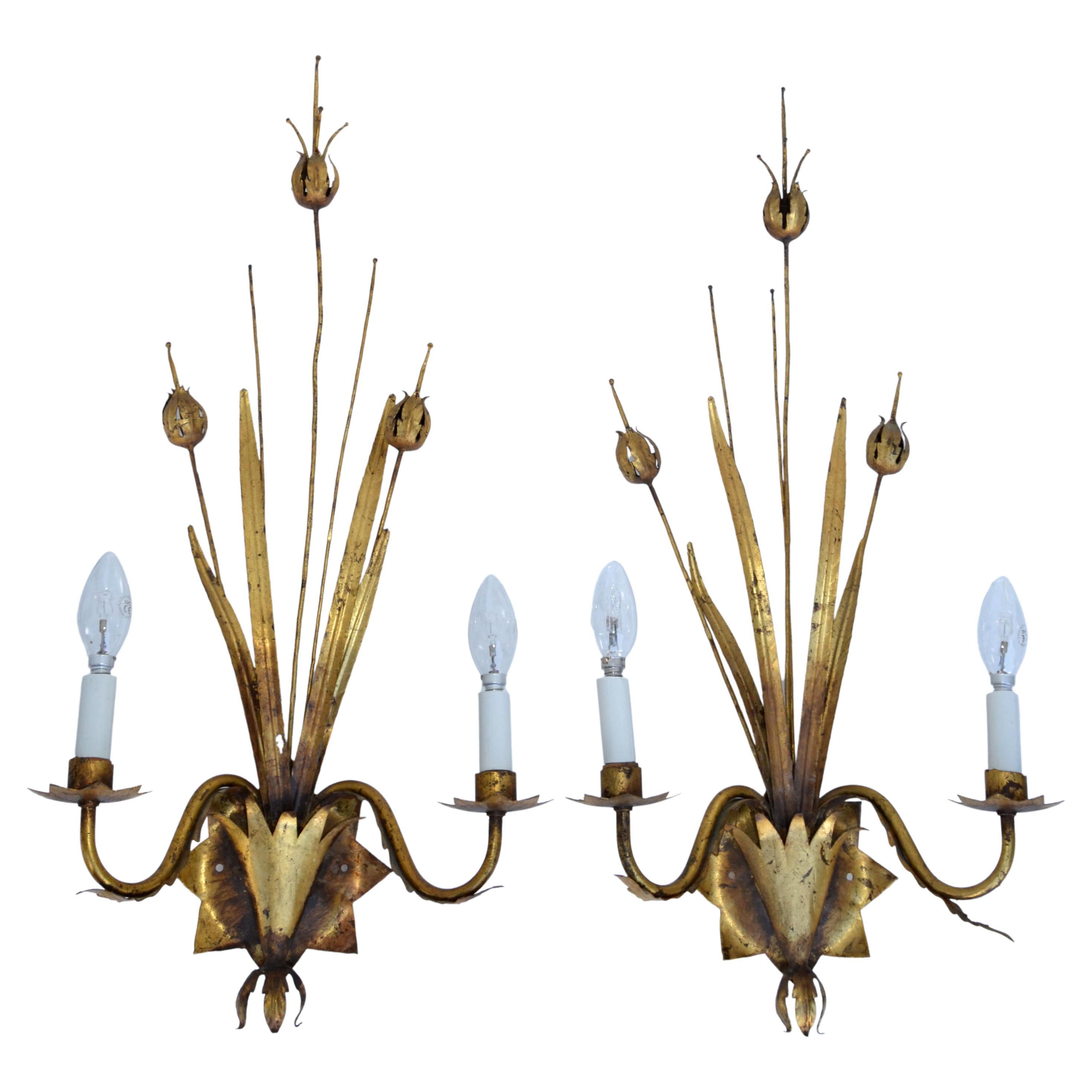 Pair of Large Ferrocolor Sconces Wheat Wall Lights Mid-Century Modern Spain 1960 For Sale