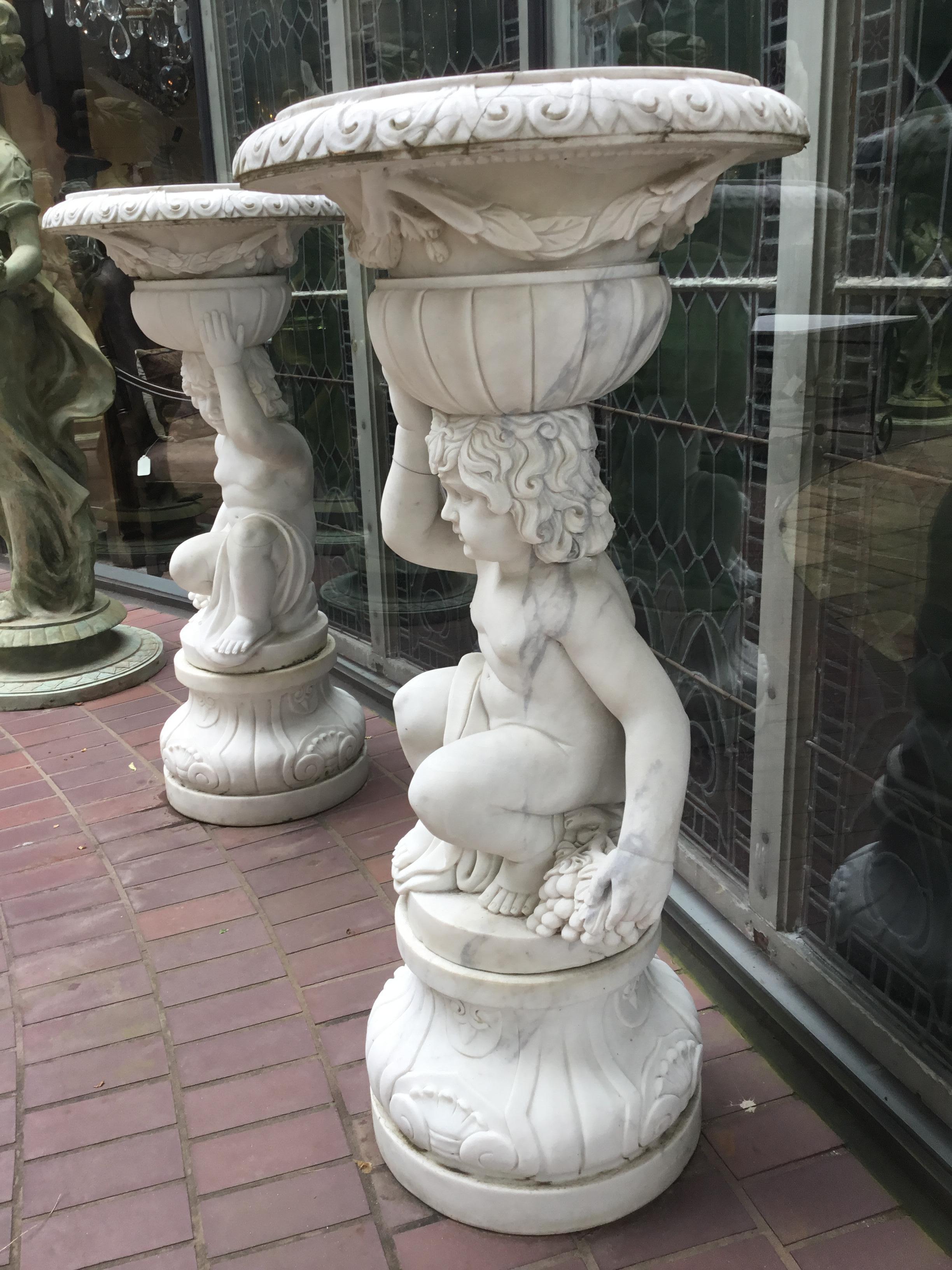 Hand-Carved Pair of Large Figural White Marble Planters