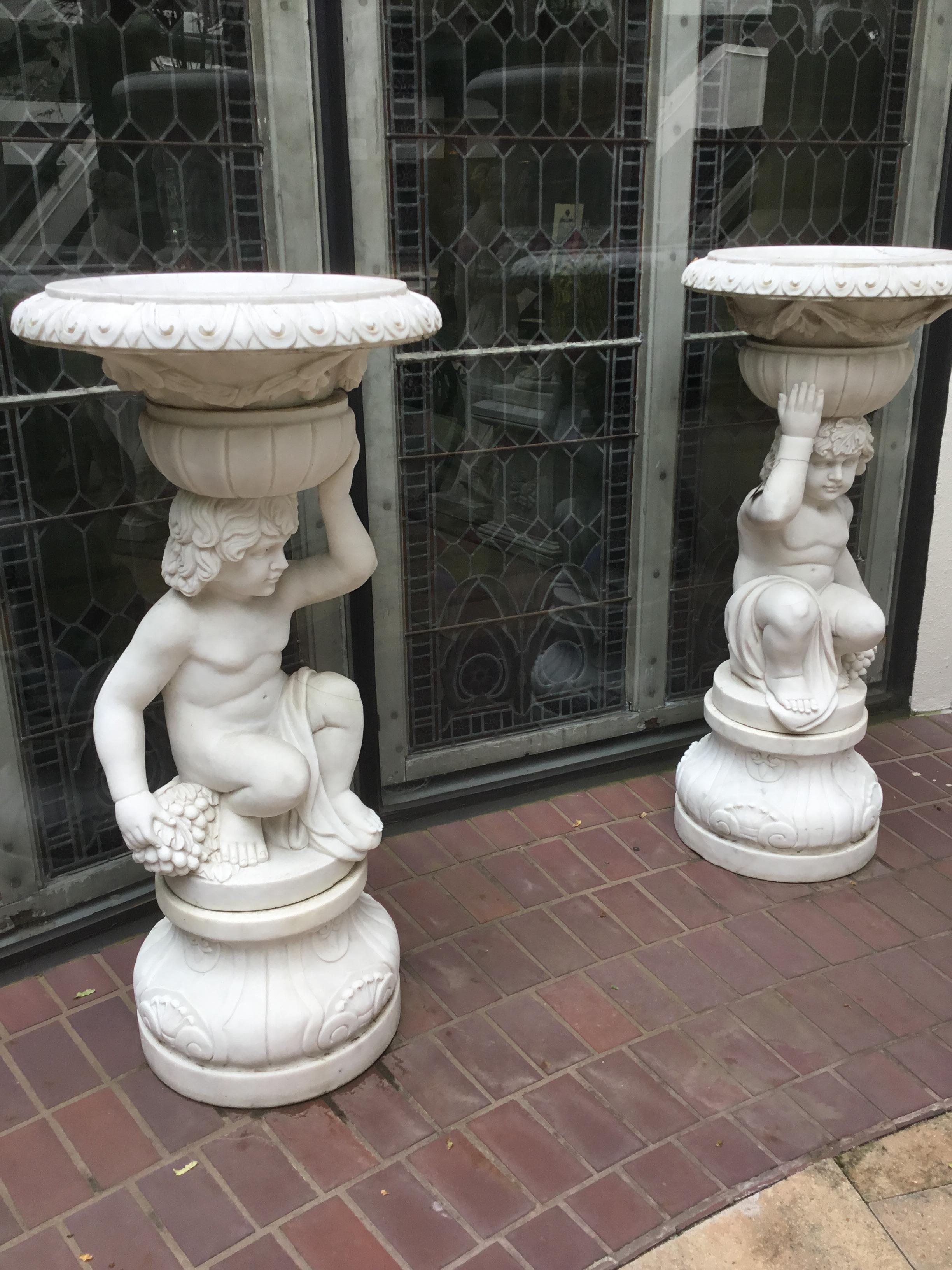 Contemporary Pair of Large Figural White Marble Planters