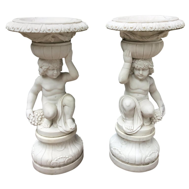 Pair of Large Figural White Marble Planters For Sale at 1stDibs
