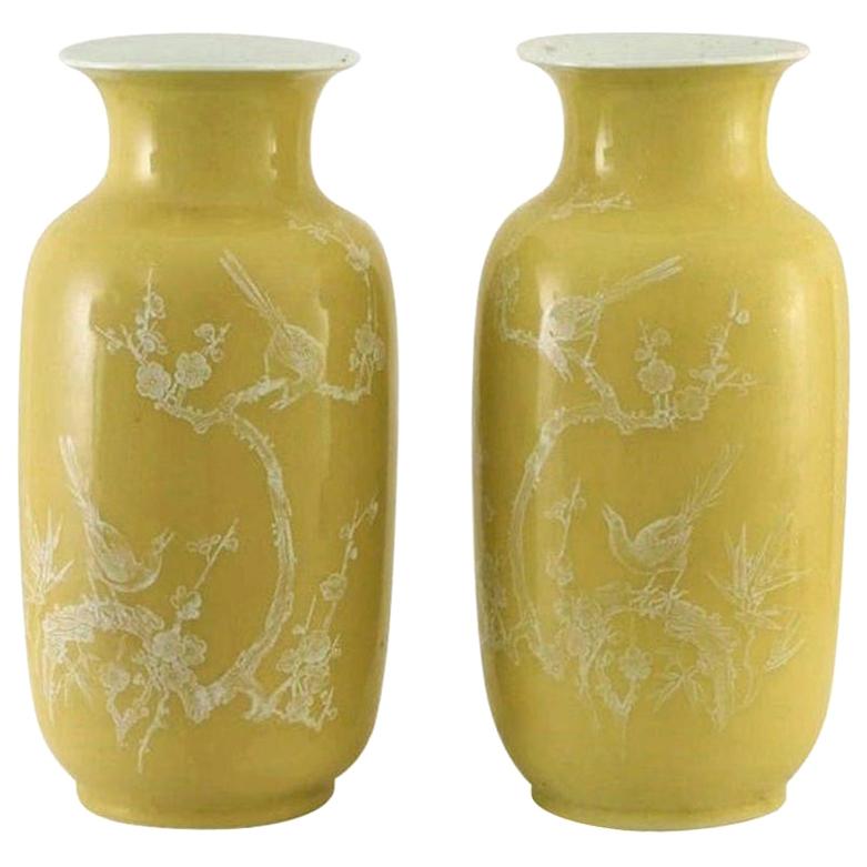 Pair Large Fine Chinese Yellow-Ground Decorated Vases Early 20th Century, Marked For Sale