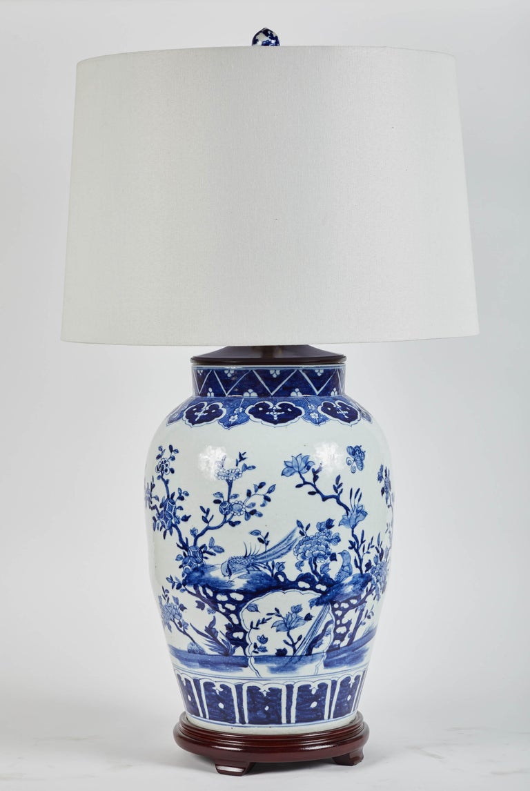 Pair of Large Fine Porcelain Blue and White Lamps with Shades at 1stDibs