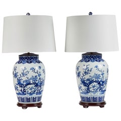 Vintage Pair of Large Fine Porcelain Blue and White Lamps with Shades