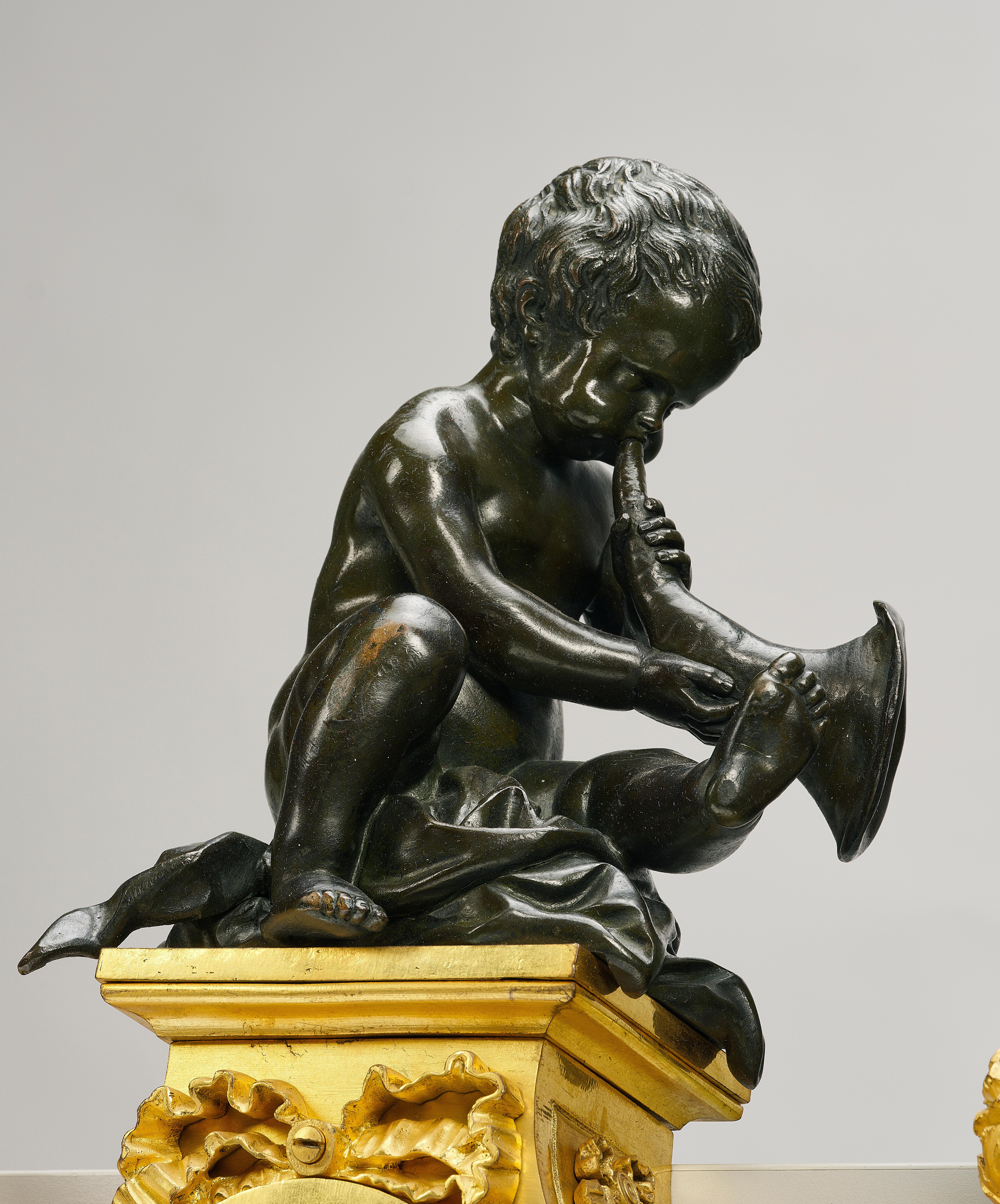 Gilt Pair of large fire-gilt andirons in Louis XVI style For Sale