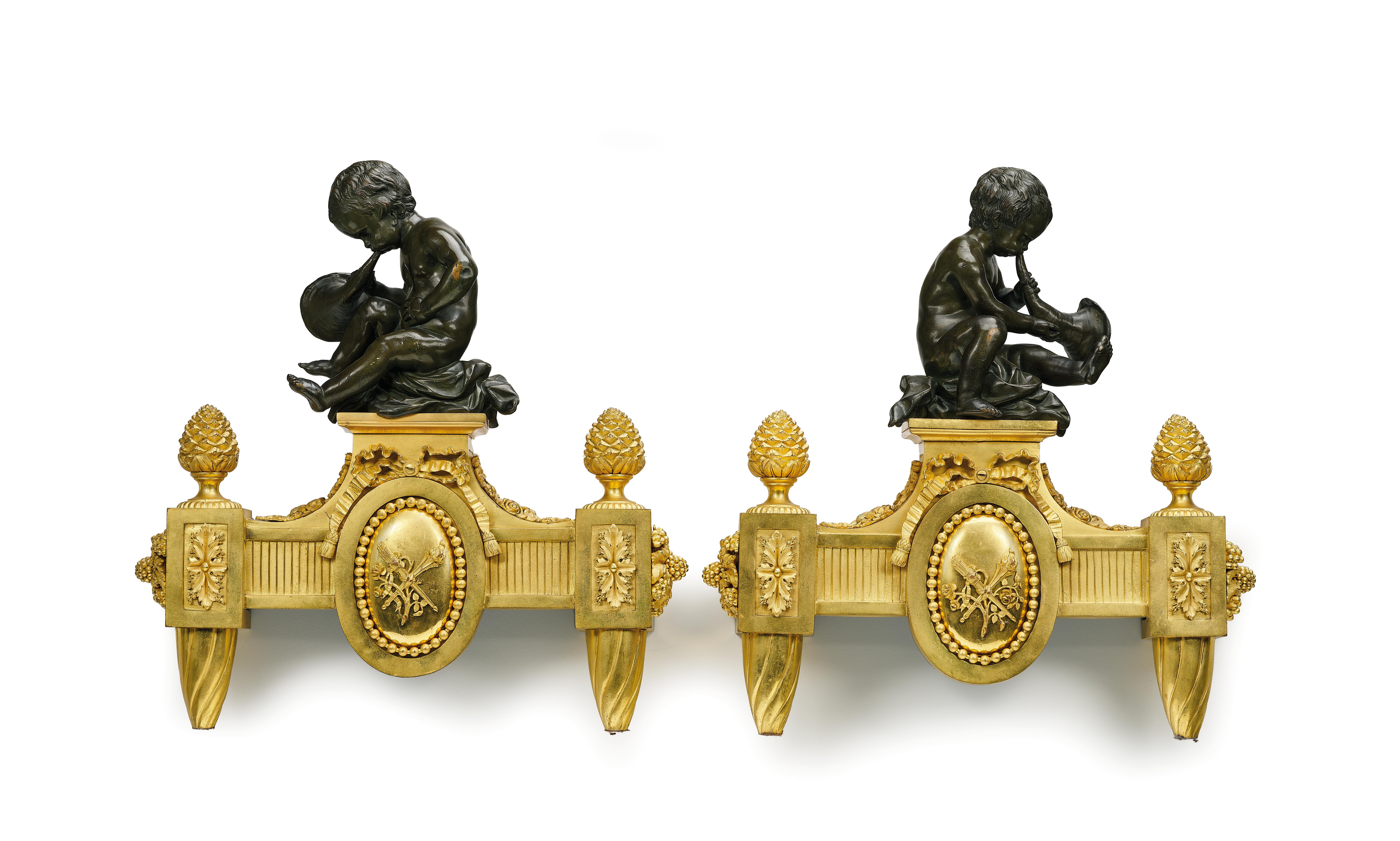 Pair of large fire-gilt andirons in Louis XVI style In Excellent Condition For Sale In Wien, AT