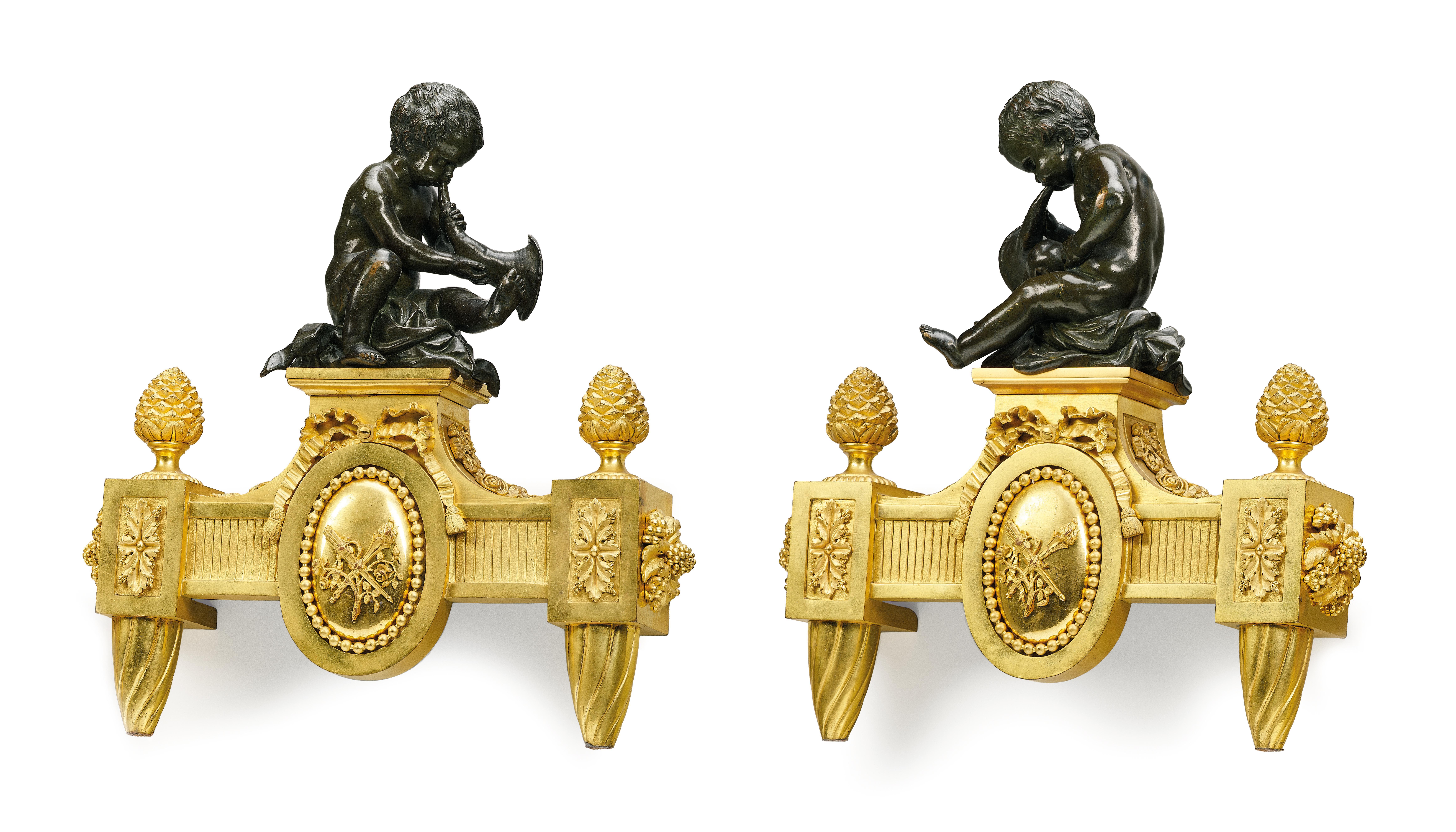 Mid-19th Century Pair of large fire-gilt andirons in Louis XVI style For Sale