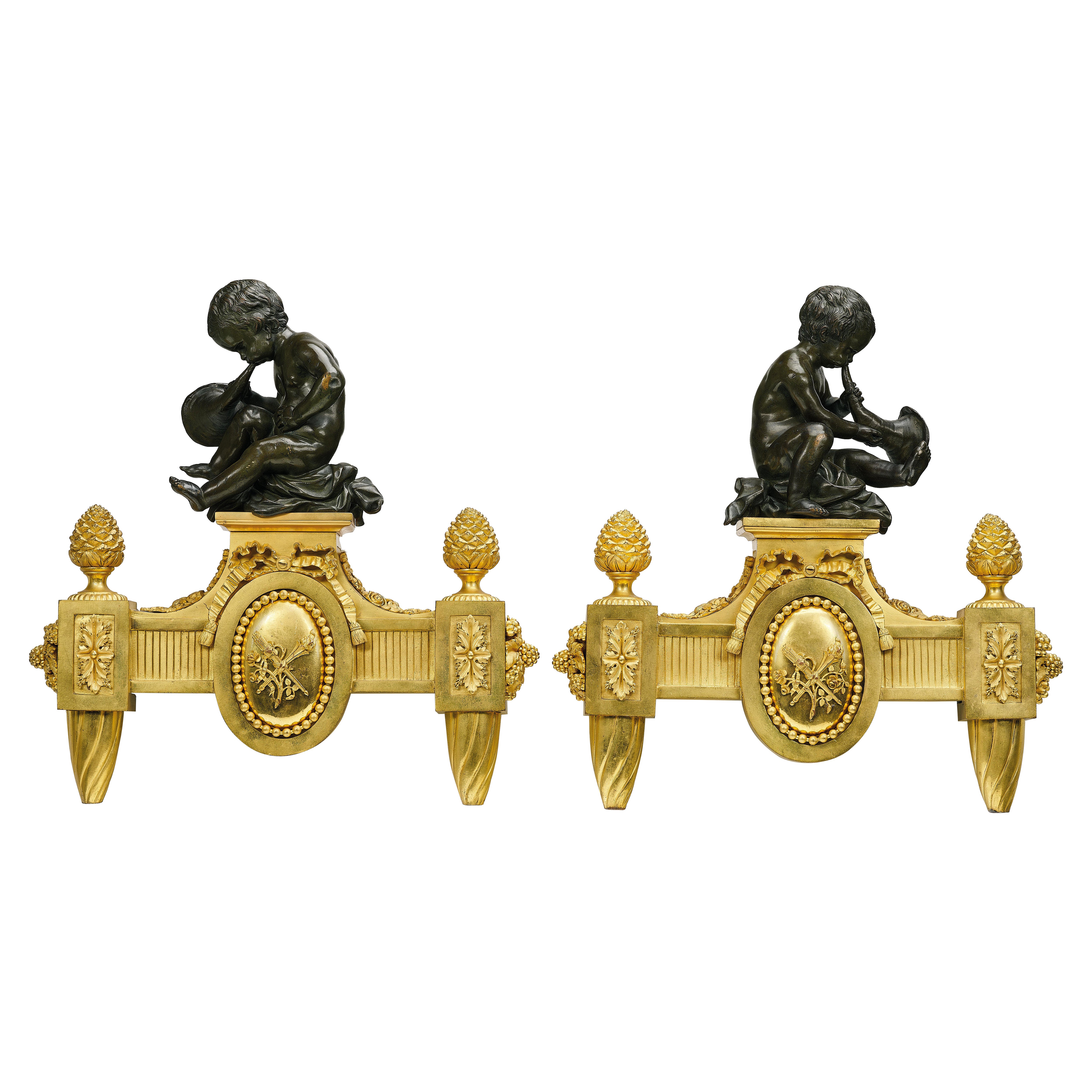 Pair of large fire-gilt andirons in Louis XVI style For Sale