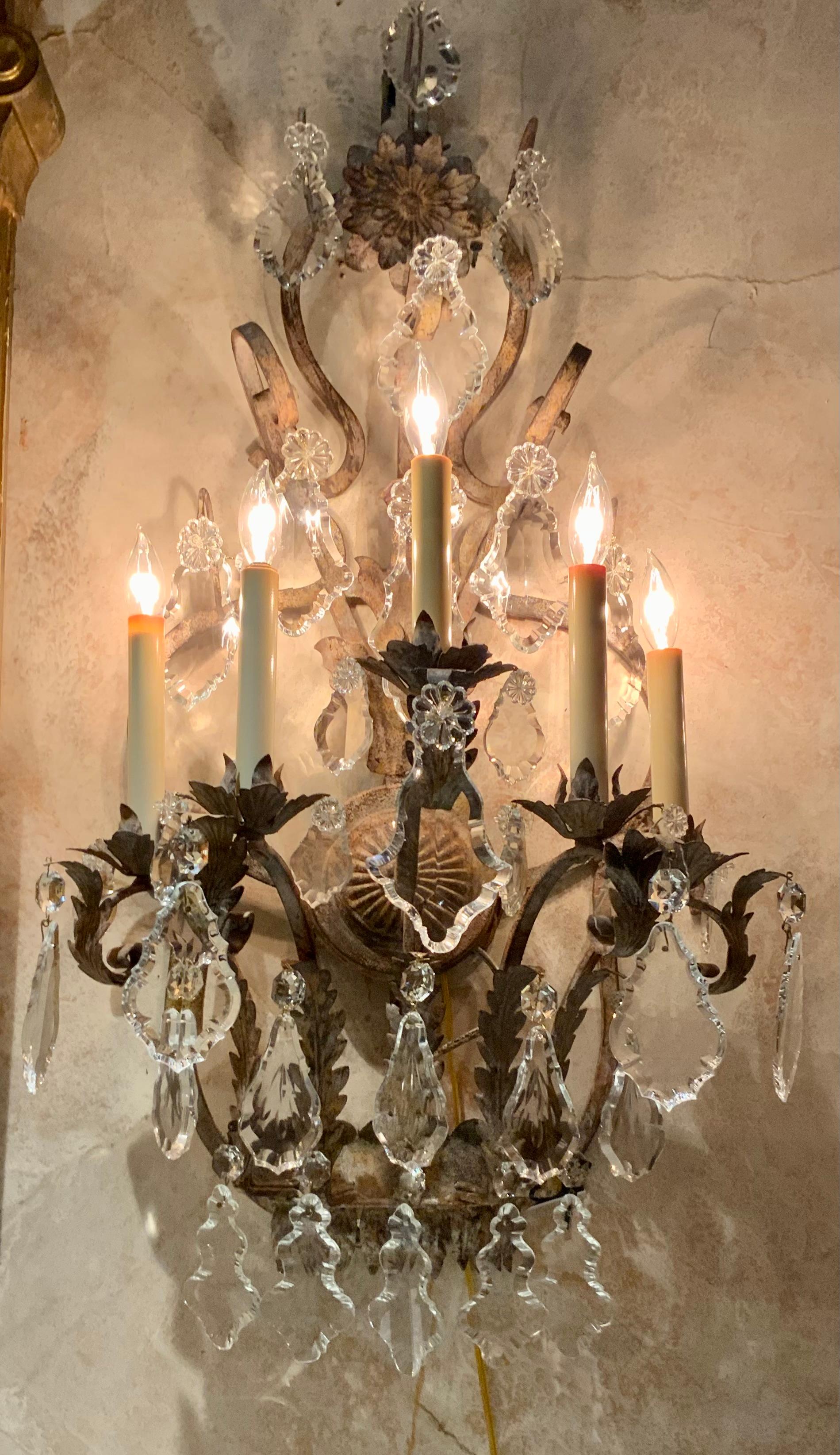 Pair of Large five light iron and crystal sconces with antique finish, wired For Sale 3