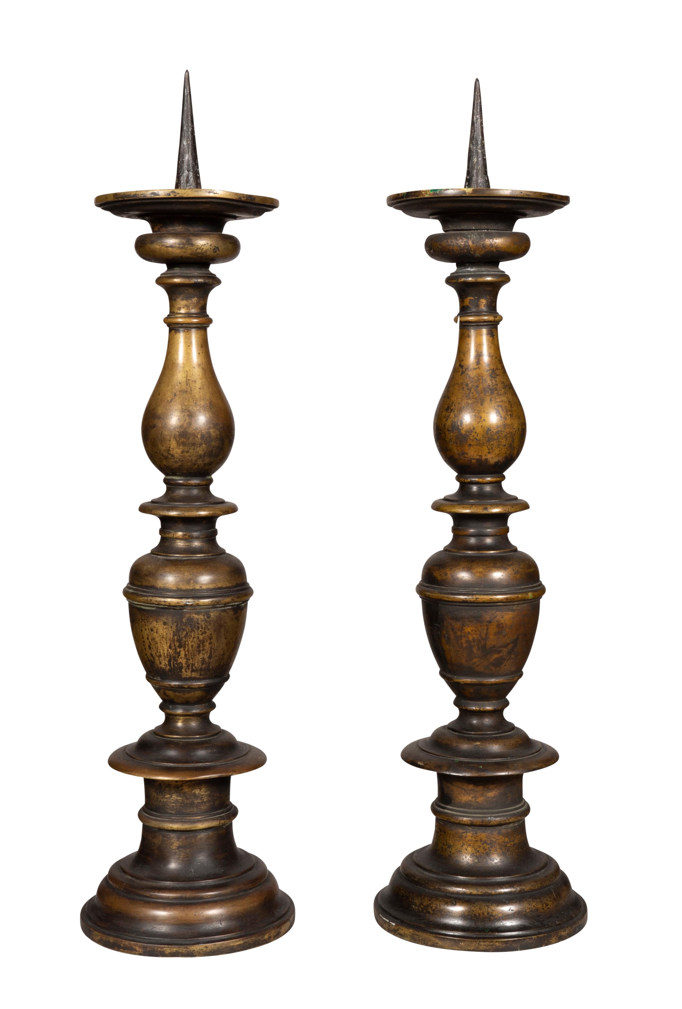 Pair Of Large Flemish Bronze Pricket Sticks In Good Condition For Sale In Essex, MA