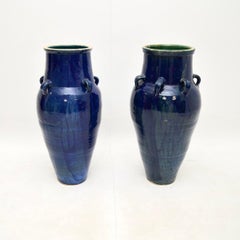 Pair of Large Floor Standing Vintage Blue Ceramic Vases