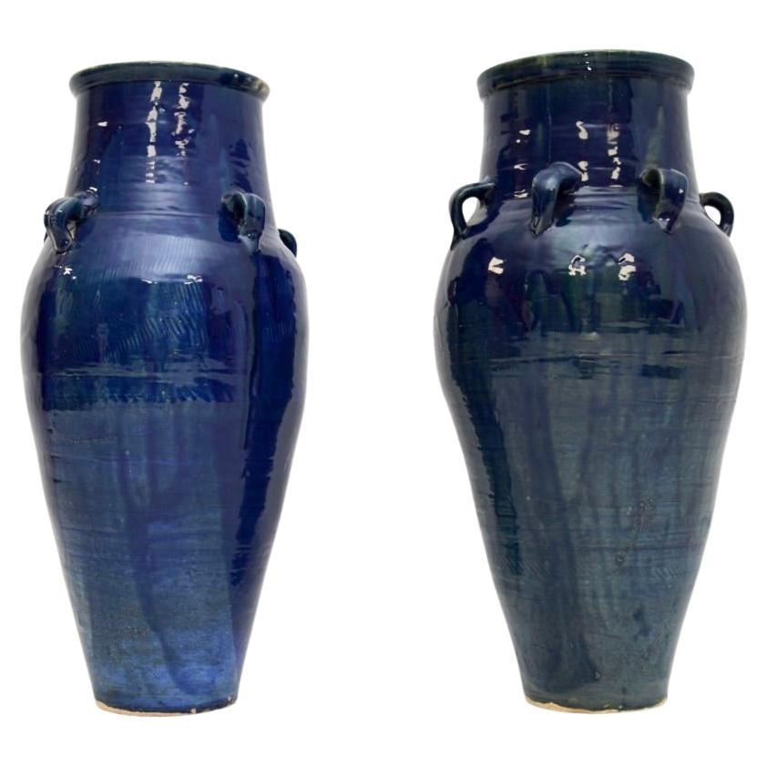 Pair of Large Floor Standing Vintage Blue Ceramic Vases