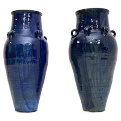 Pair of Large Floor Standing Vintage Blue Ceramic Vases