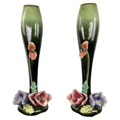 Vintage Pair of Large Floral Applique Glazed Ceramic Vases