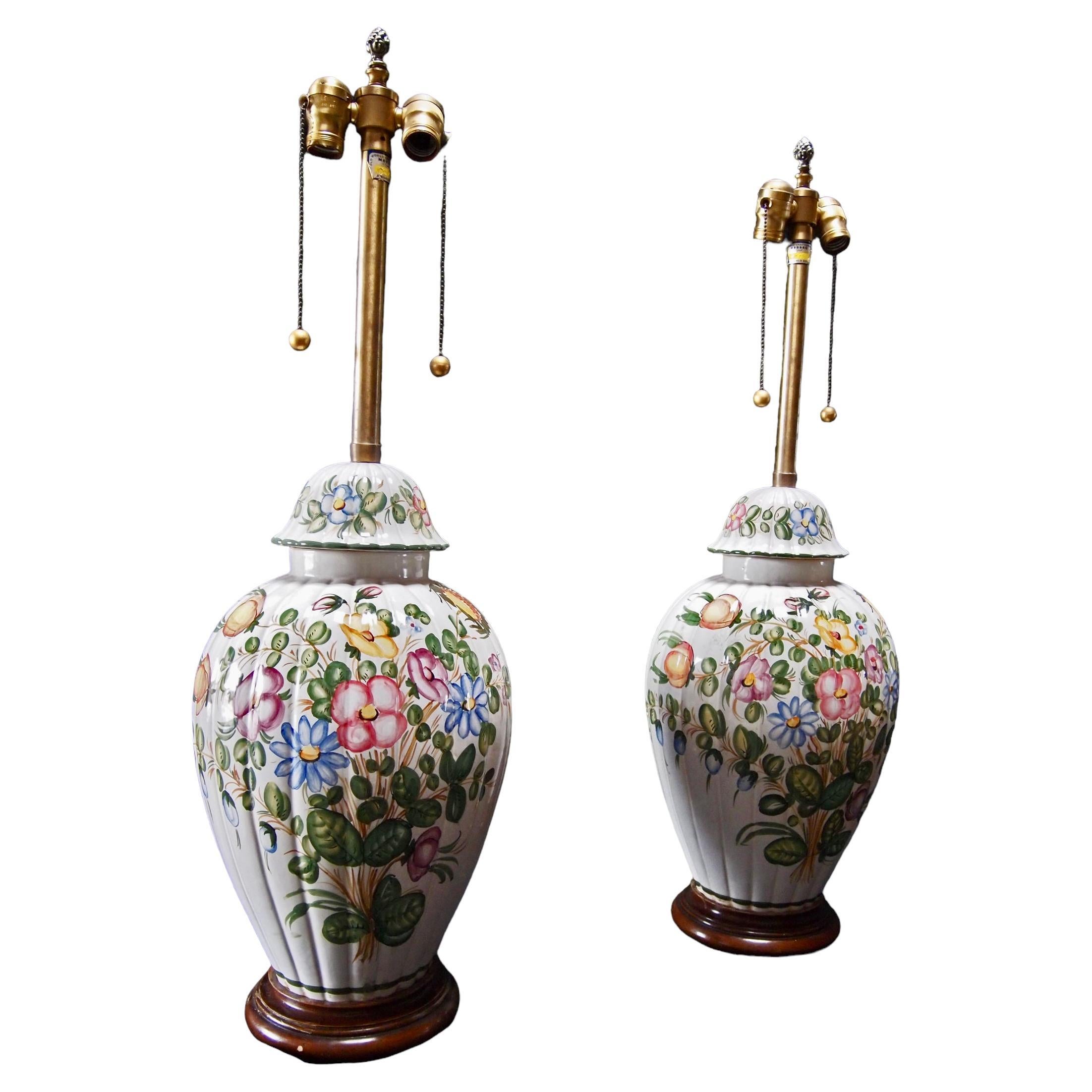 Pair of Large Floral Decorated Lamps Lamps by Marbro Lamp Co. For Sale