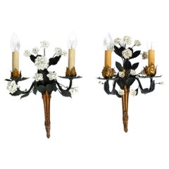 Pair of Large Floral Mid Century Brass Metal Ceramic Wall Lights from Italy