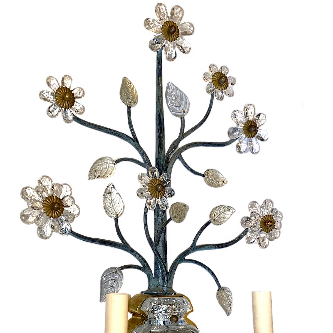 Mid-20th Century Pair of Large Floral Motif Molded Glass Sconces