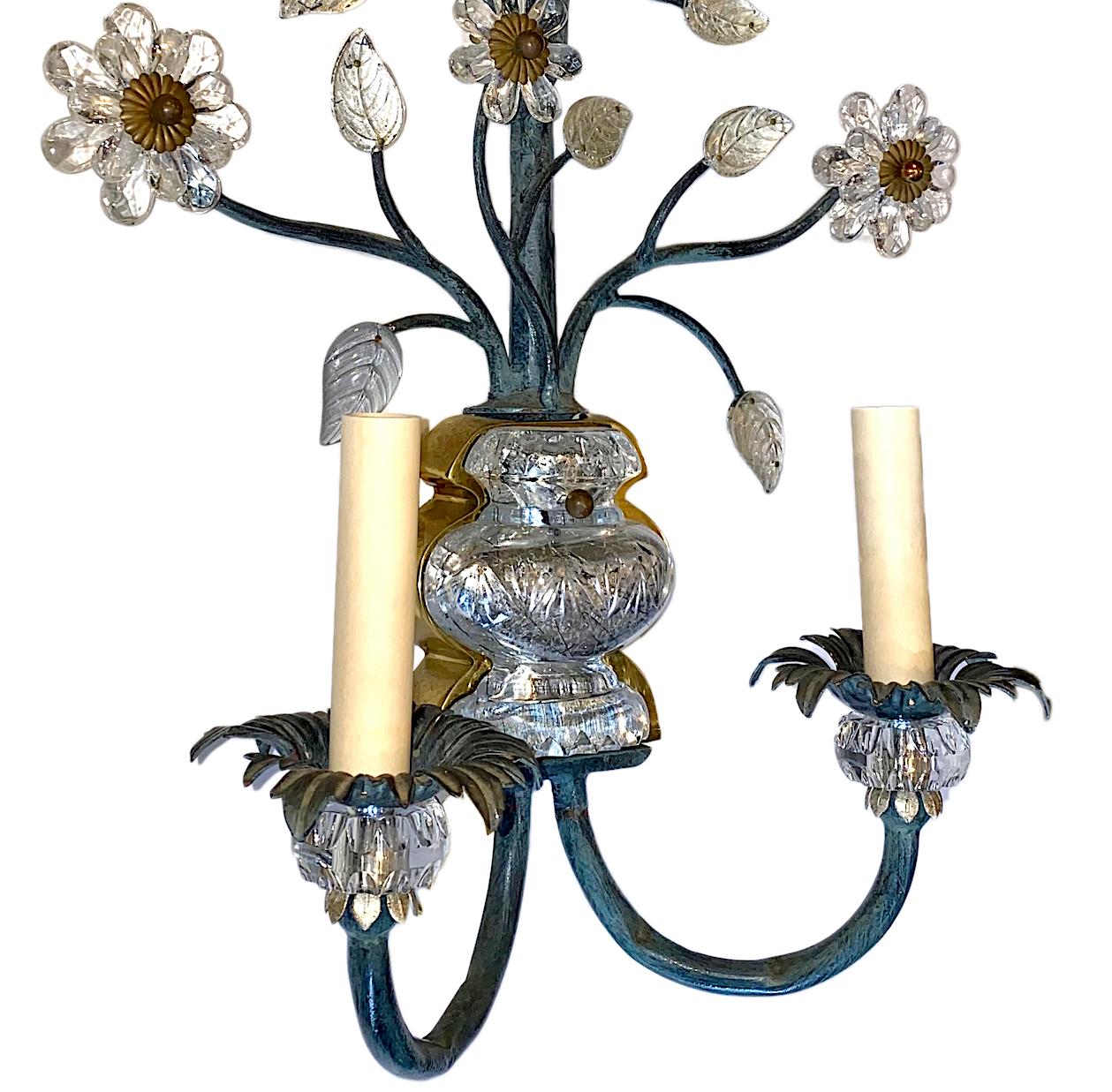 Crystal Pair of Large Floral Motif Molded Glass Sconces