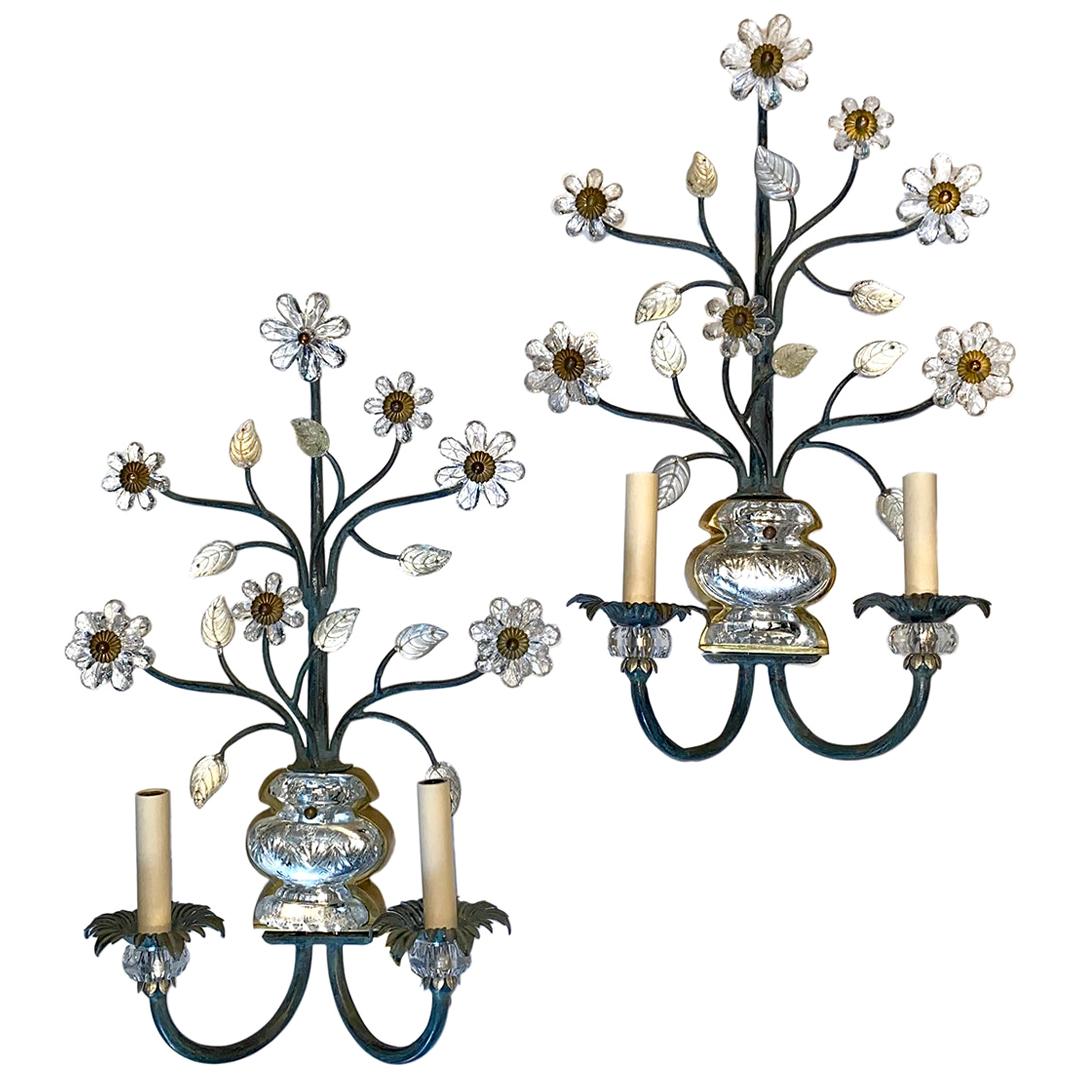 Pair of Large Floral Motif Molded Glass Sconces