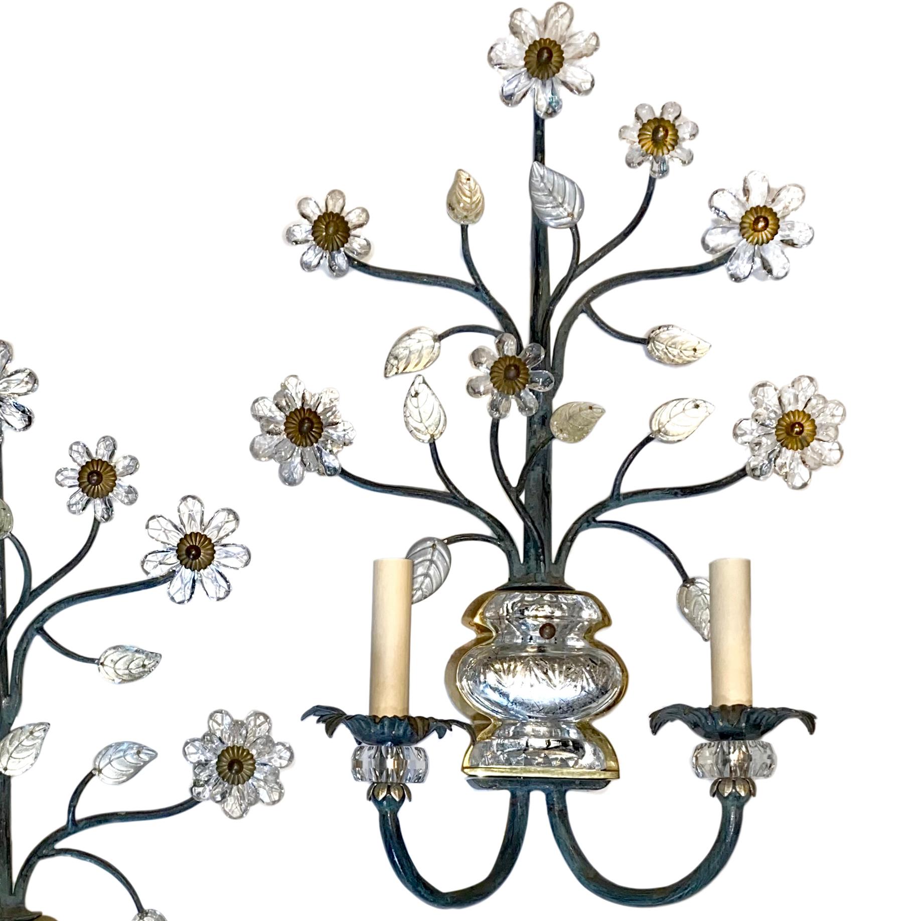 French Pair of Large Floral Motif Molded Glass Sconces