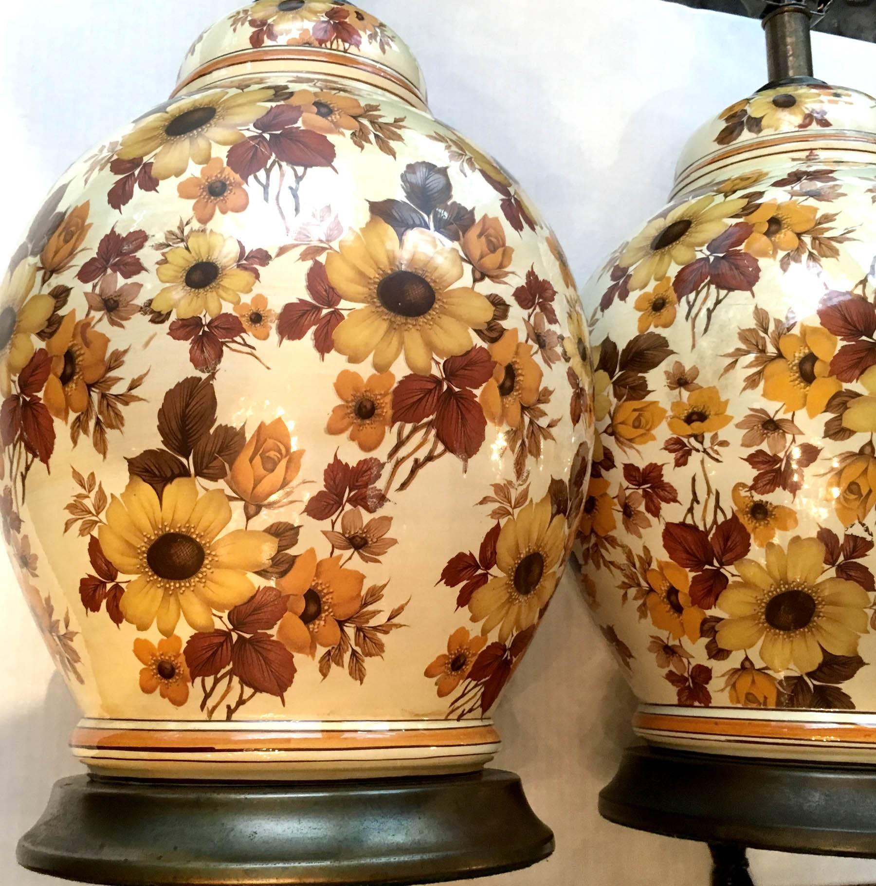 Italian Pair of Large Floral Porcelain Lamps For Sale