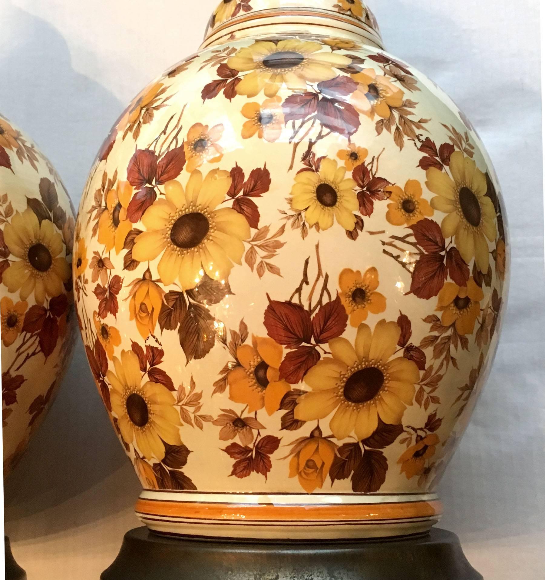 Pair of Large Floral Porcelain Lamps In Excellent Condition For Sale In New York, NY