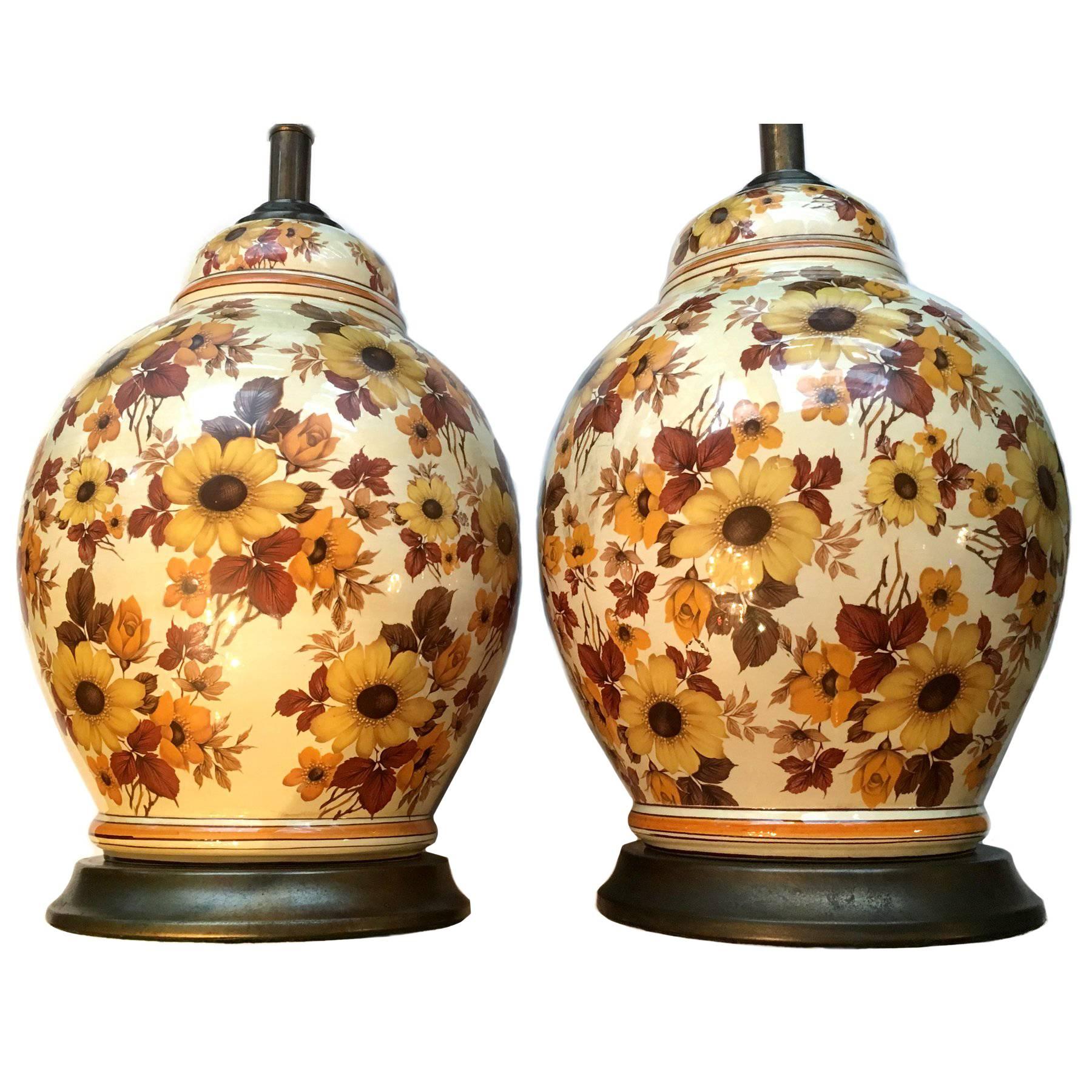 Pair of Large Floral Porcelain Lamps For Sale