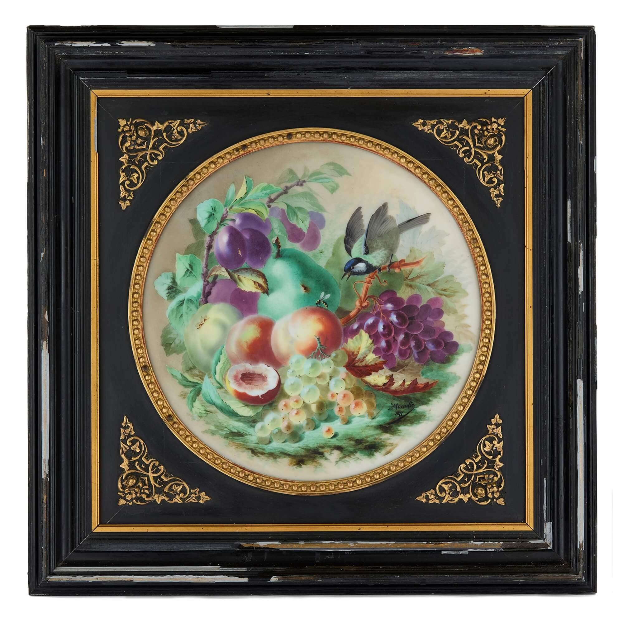 Français Paire de grandes plaques en porcelaine à fleurs de Mariotte, 1876-1877 en vente