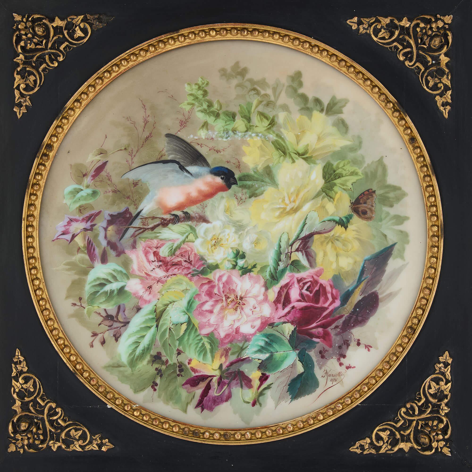 Ébénisé Paire de grandes plaques en porcelaine à fleurs de Mariotte, 1876-1877 en vente