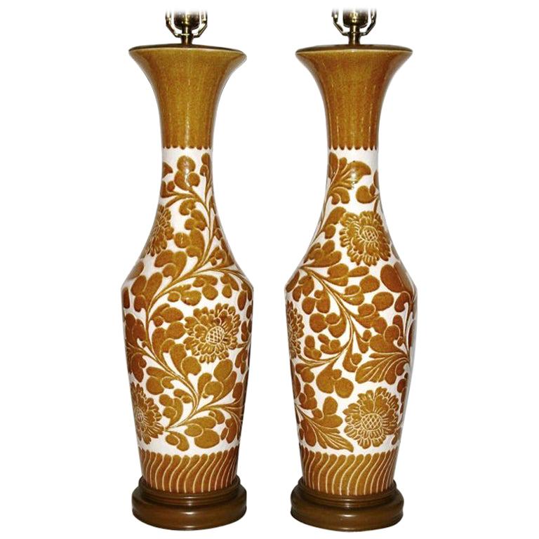 Pair of Large Floral Porcelain Table Lamps