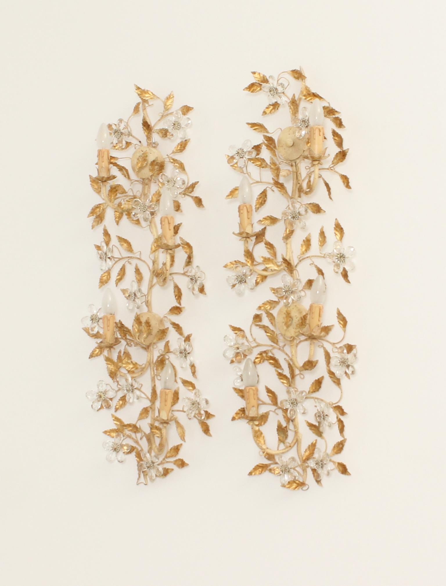 Spanish Pair of Large Floral Sconces in Gilt Metal from 1960s, Spain For Sale