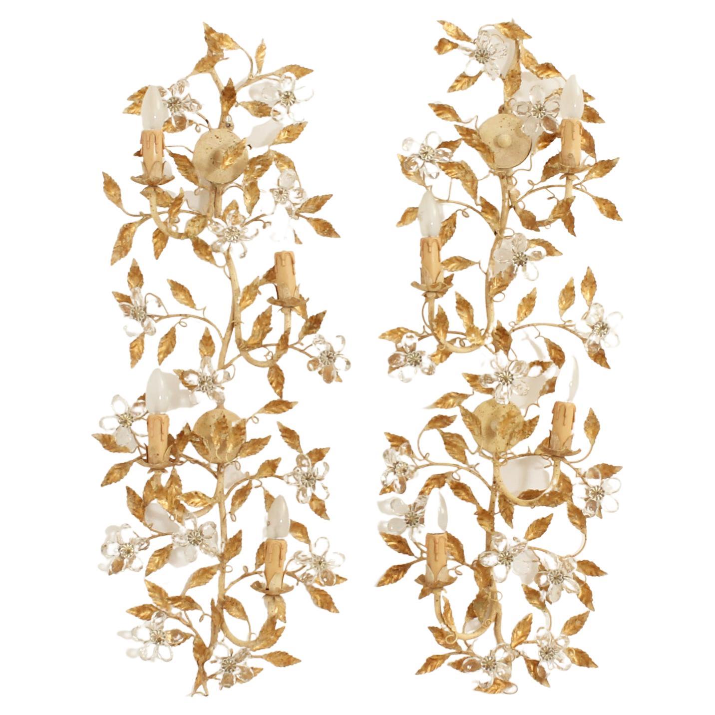 Pair of Large Floral Sconces in Gilt Metal from 1960s, Spain