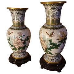 Vintage Pair of Large Floral Spring Chinese Cloisonné Vases on Carved Stands