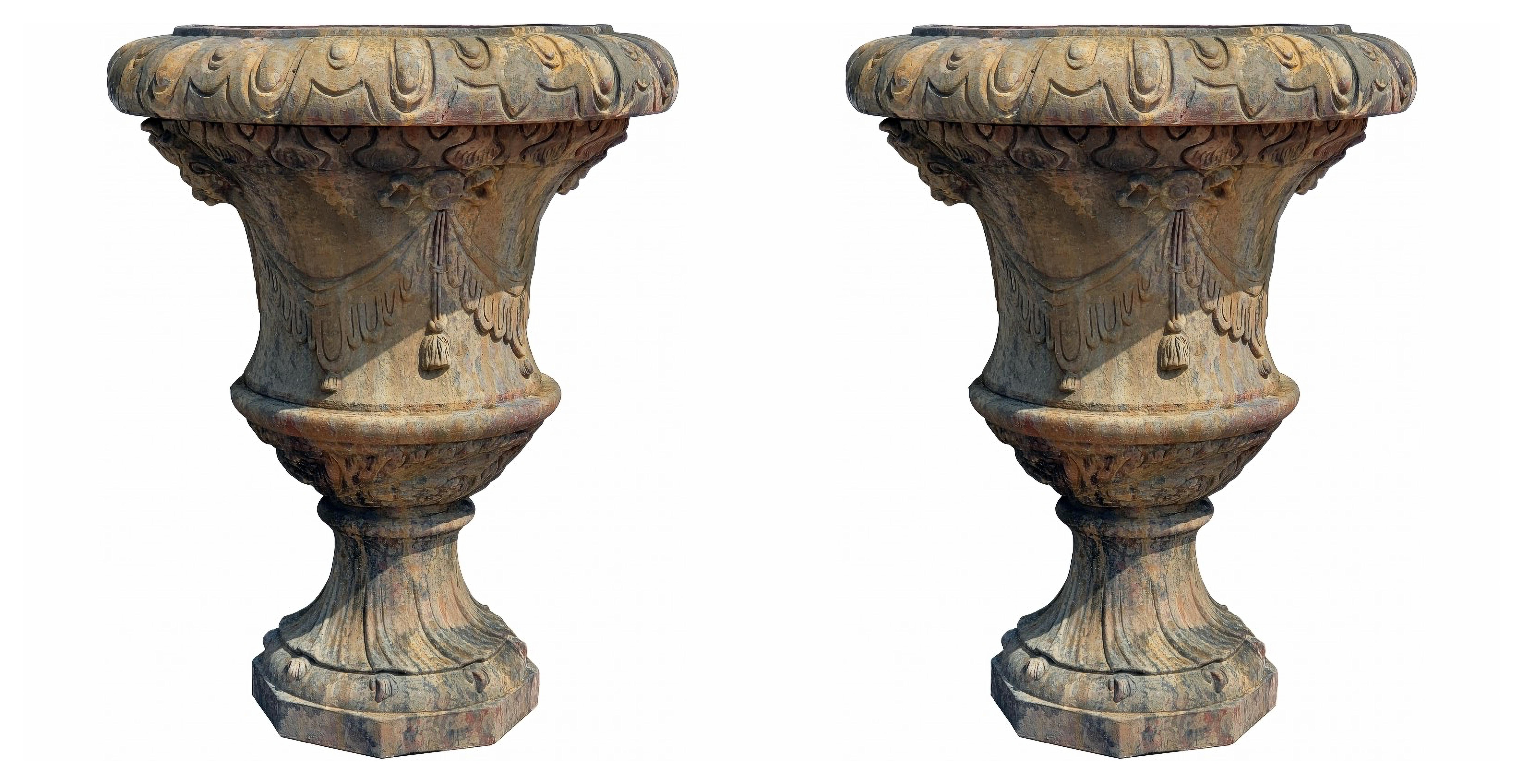 PAIR OF LARGE FLORENTINE ORNAMENTAL VASES IN IMPRUNETA TERRACOTTA end 19th Century

HEIGHT 105cm
WIDTH 85cms
WEIGHT 54 Kg
OCTAGONAL BASE Ø 44 cm
EXTERNAL MOUTH DIAMETER 85 cm
INTERNAL MOUTH DIAMETER 59 cm
MANUFACTURE Tuscany
MATERIAL