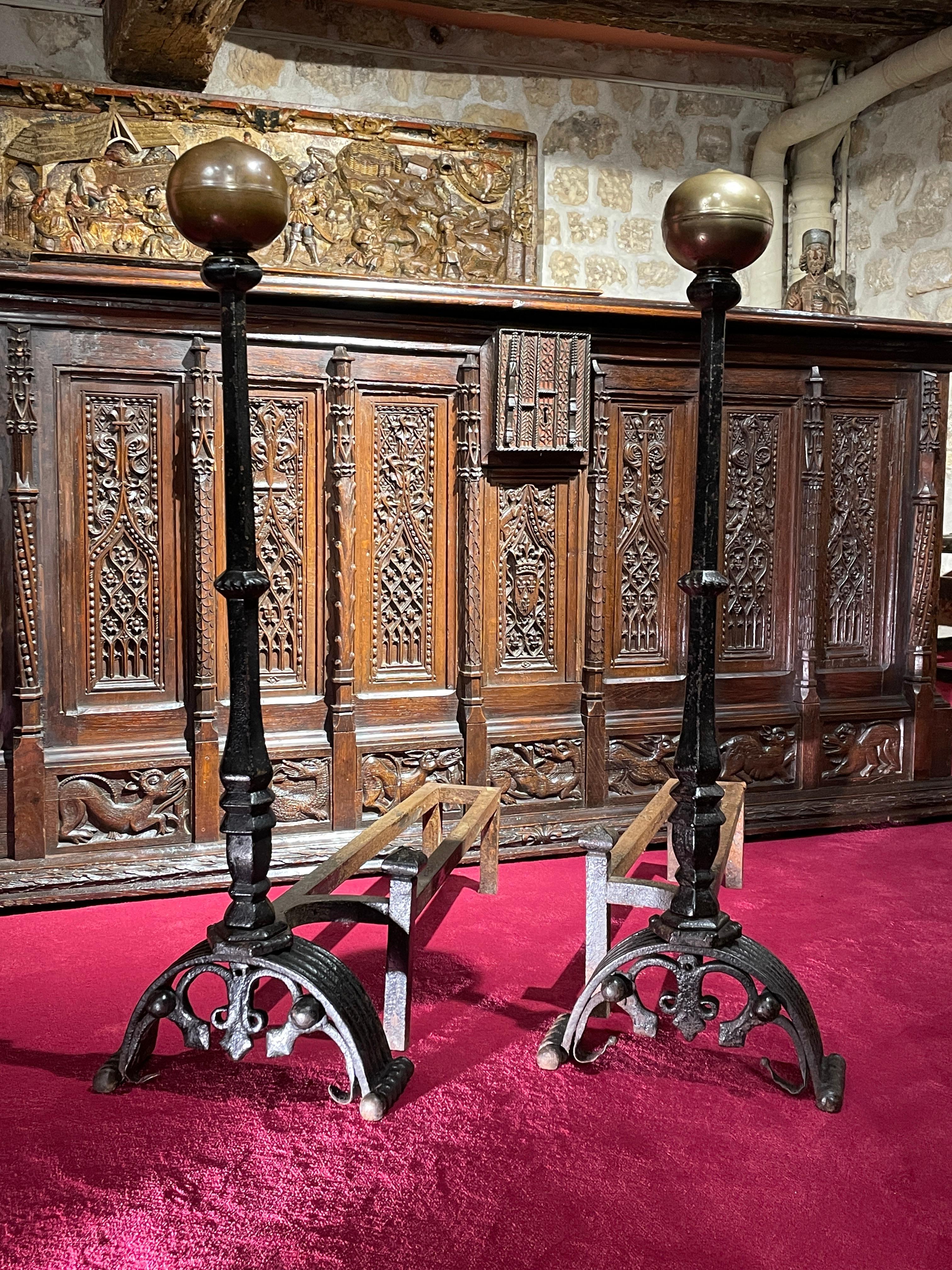 18th Century and Earlier Pair of Large Florentine Wrought Iron Andirons from the Gothic Period For Sale