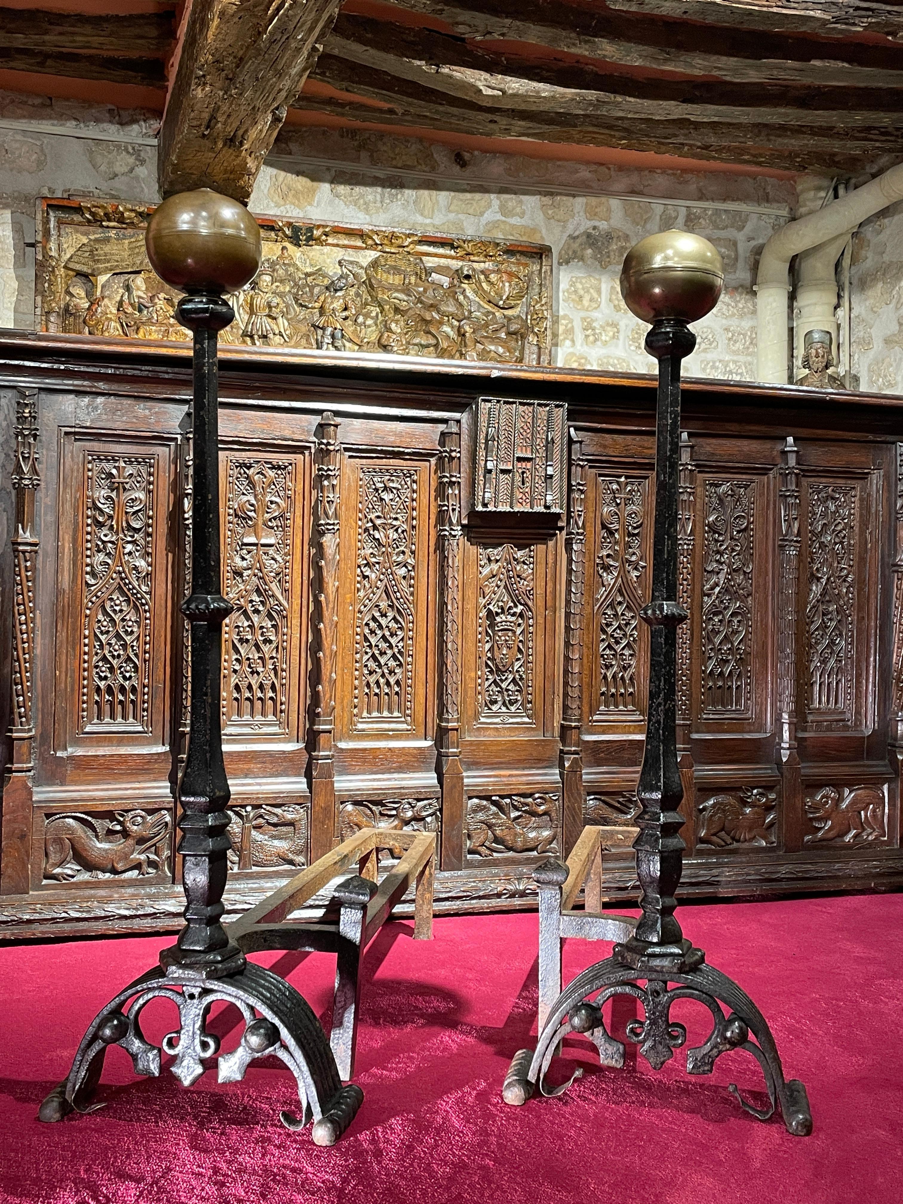 Pair of Large Florentine Wrought Iron Andirons from the Gothic Period For Sale 1
