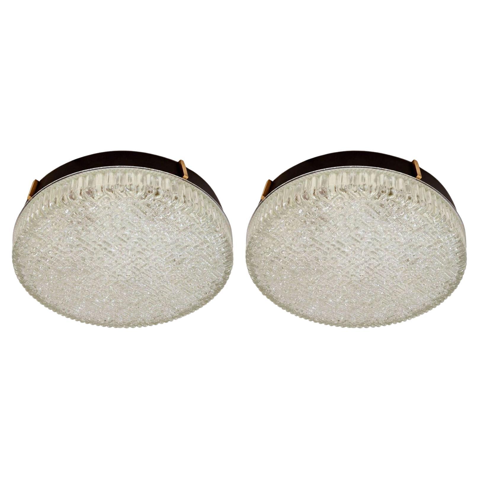 Pair of Large Flush Mount Glass Pendant or Wall Lights For Sale