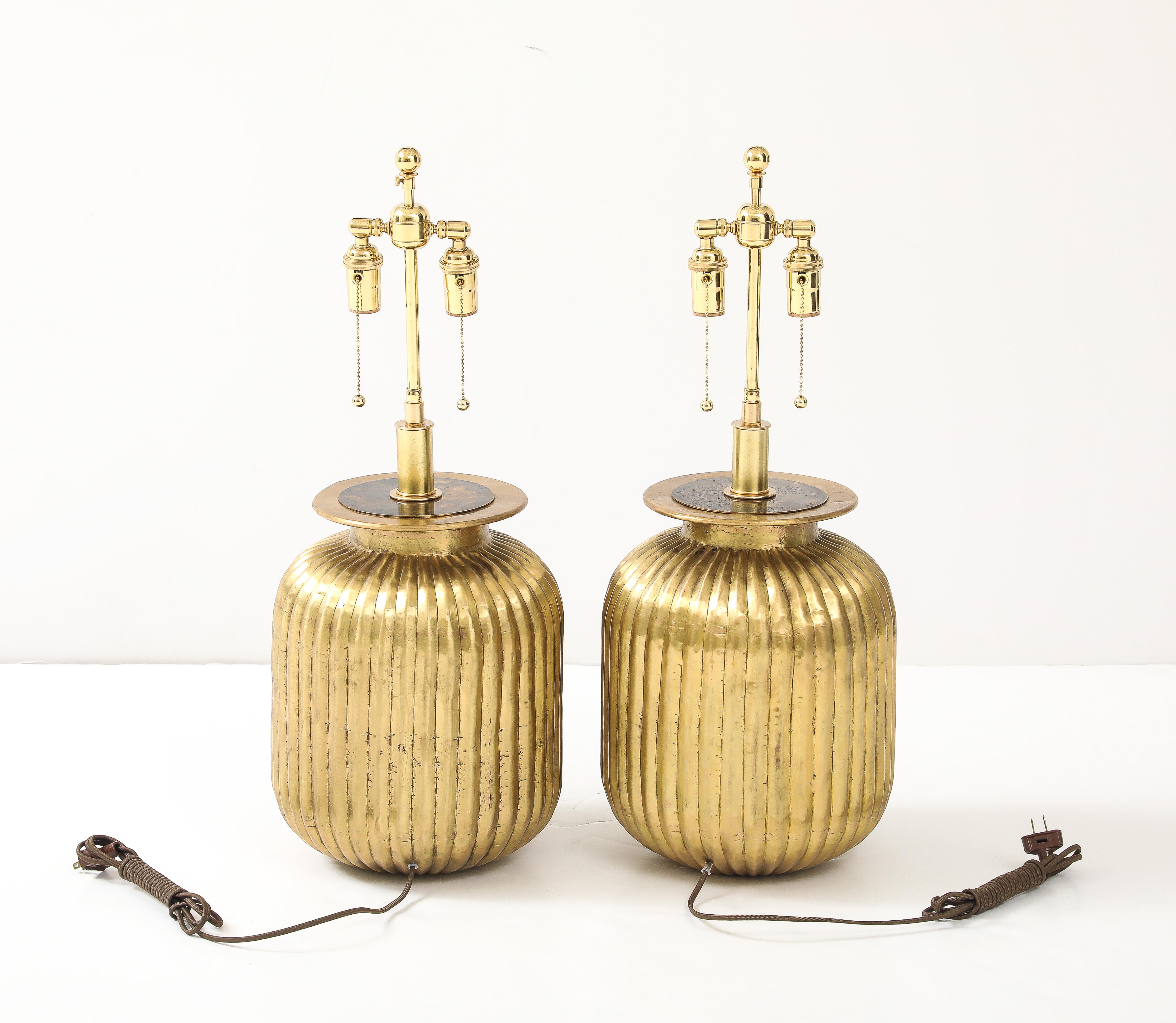 Pair of Large Fluted Aged Brass Lamps. For Sale 5