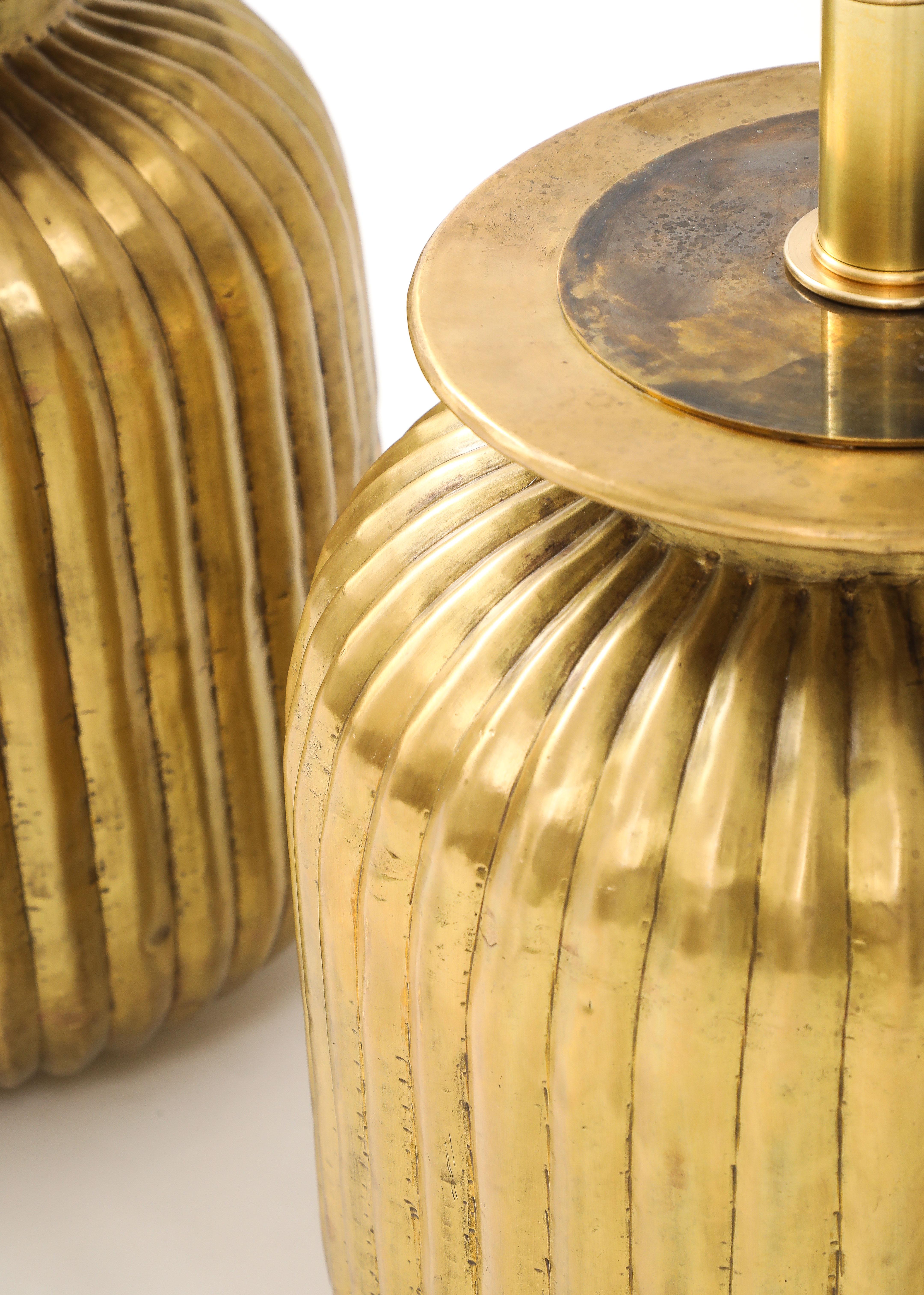 Late 20th Century Pair of Large Fluted Aged Brass Lamps. For Sale