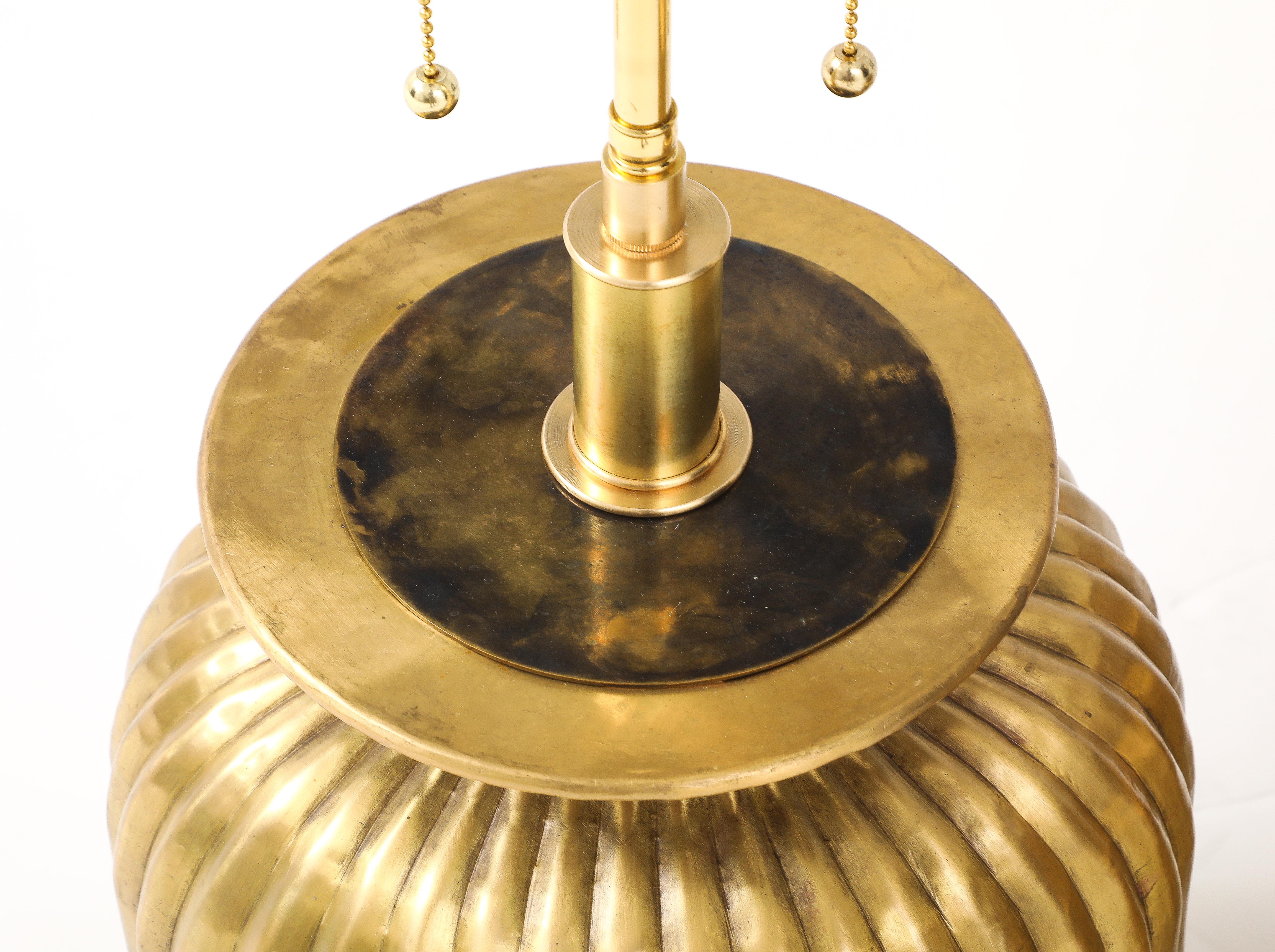 Pair of Large Fluted Aged Brass Lamps. For Sale 1