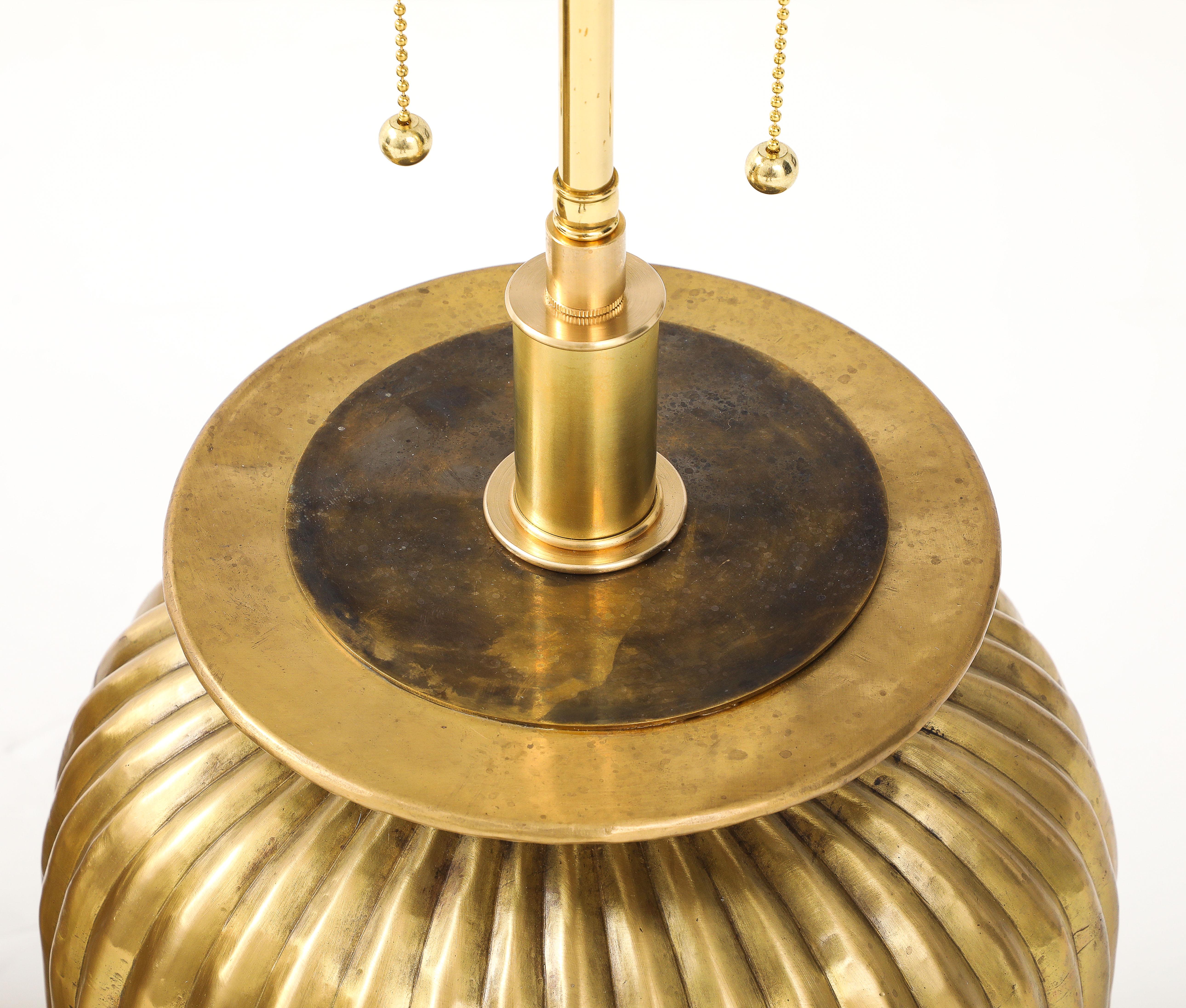 Pair of Large Fluted Aged Brass Lamps. For Sale 2