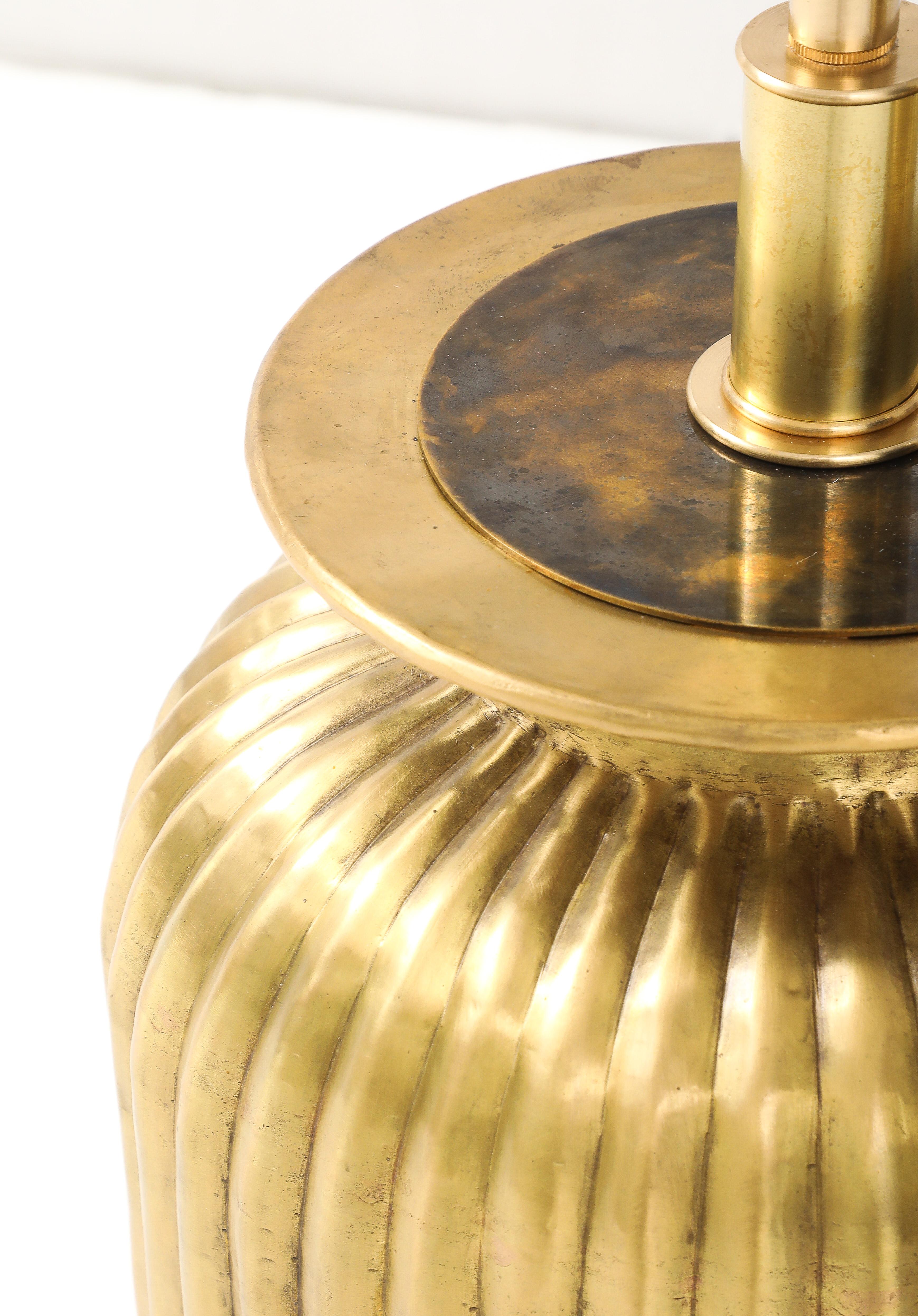 Pair of Large Fluted Aged Brass Lamps. For Sale 3