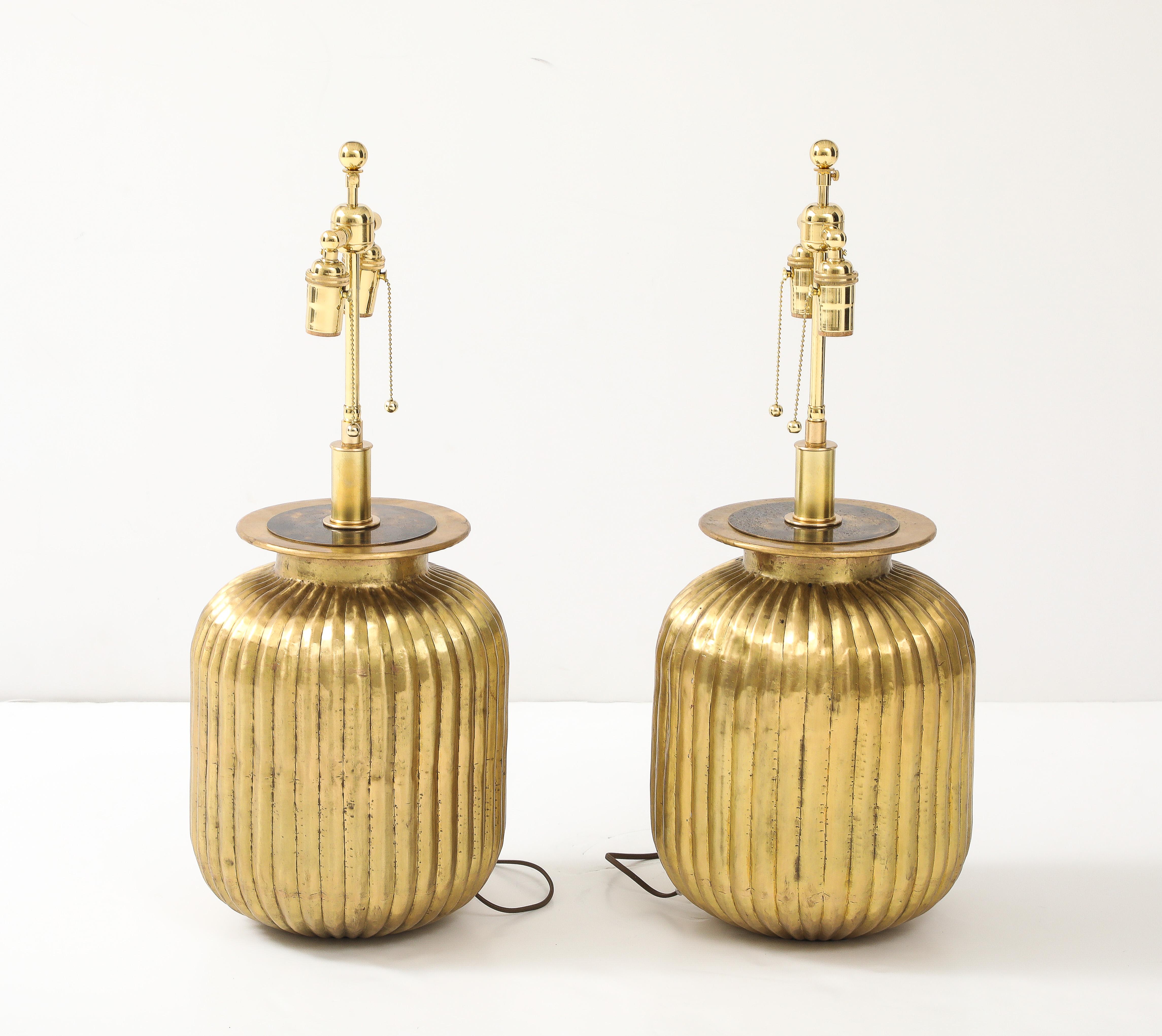 Pair of Large Fluted Aged Brass Lamps. For Sale 4