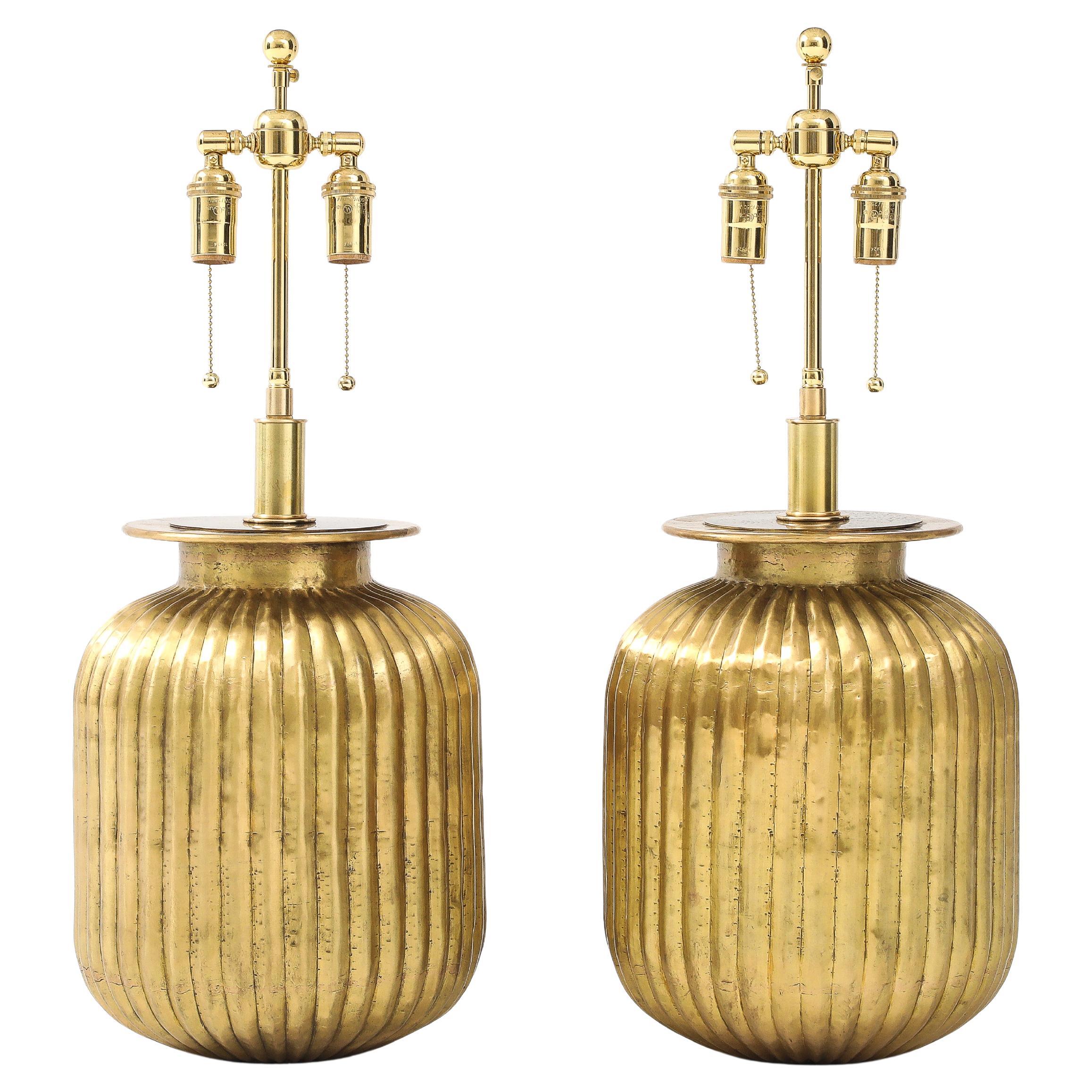 Pair of Large Fluted Aged Brass Lamps. For Sale
